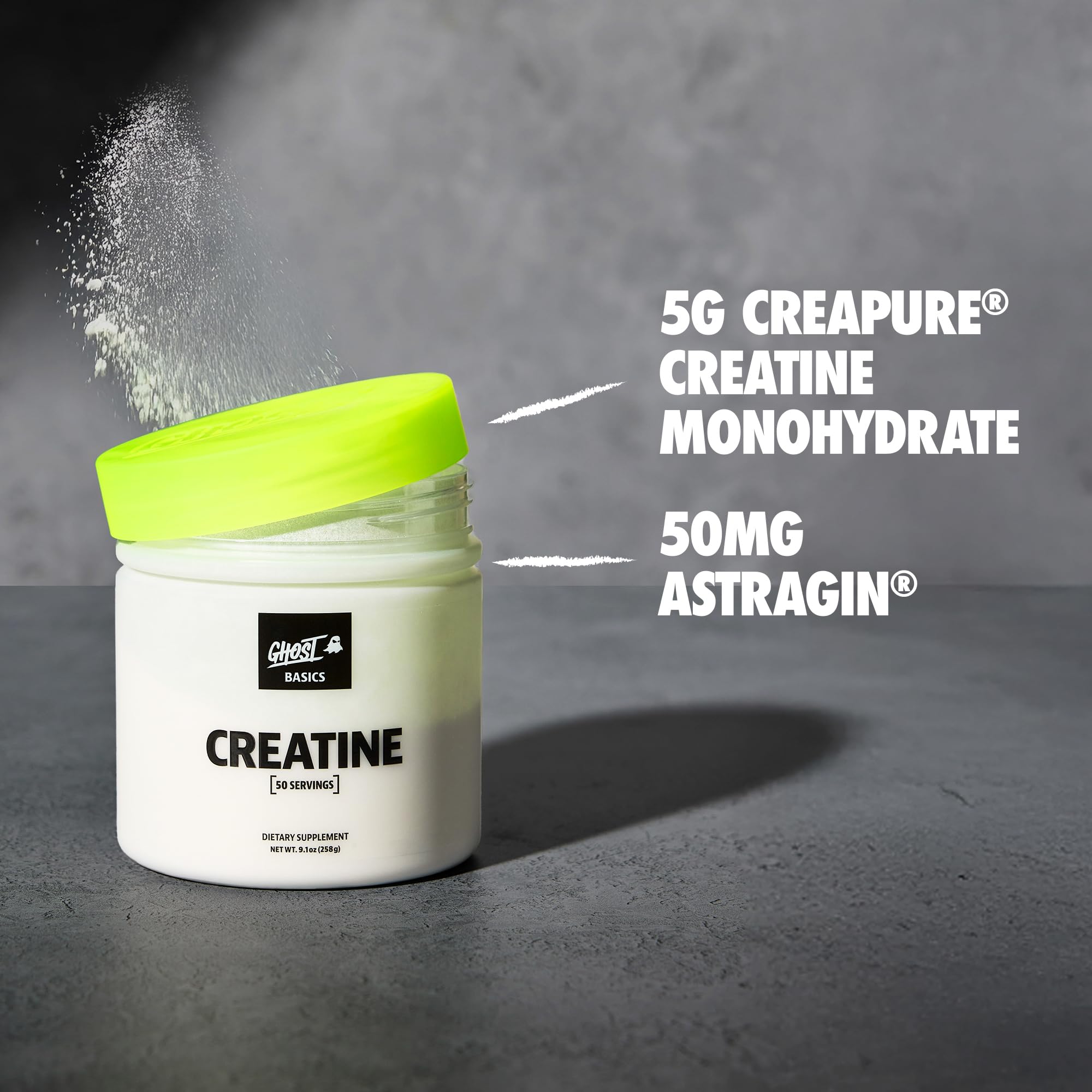 GHOST Basics Creatine label close-up highlighting transparent dosage information