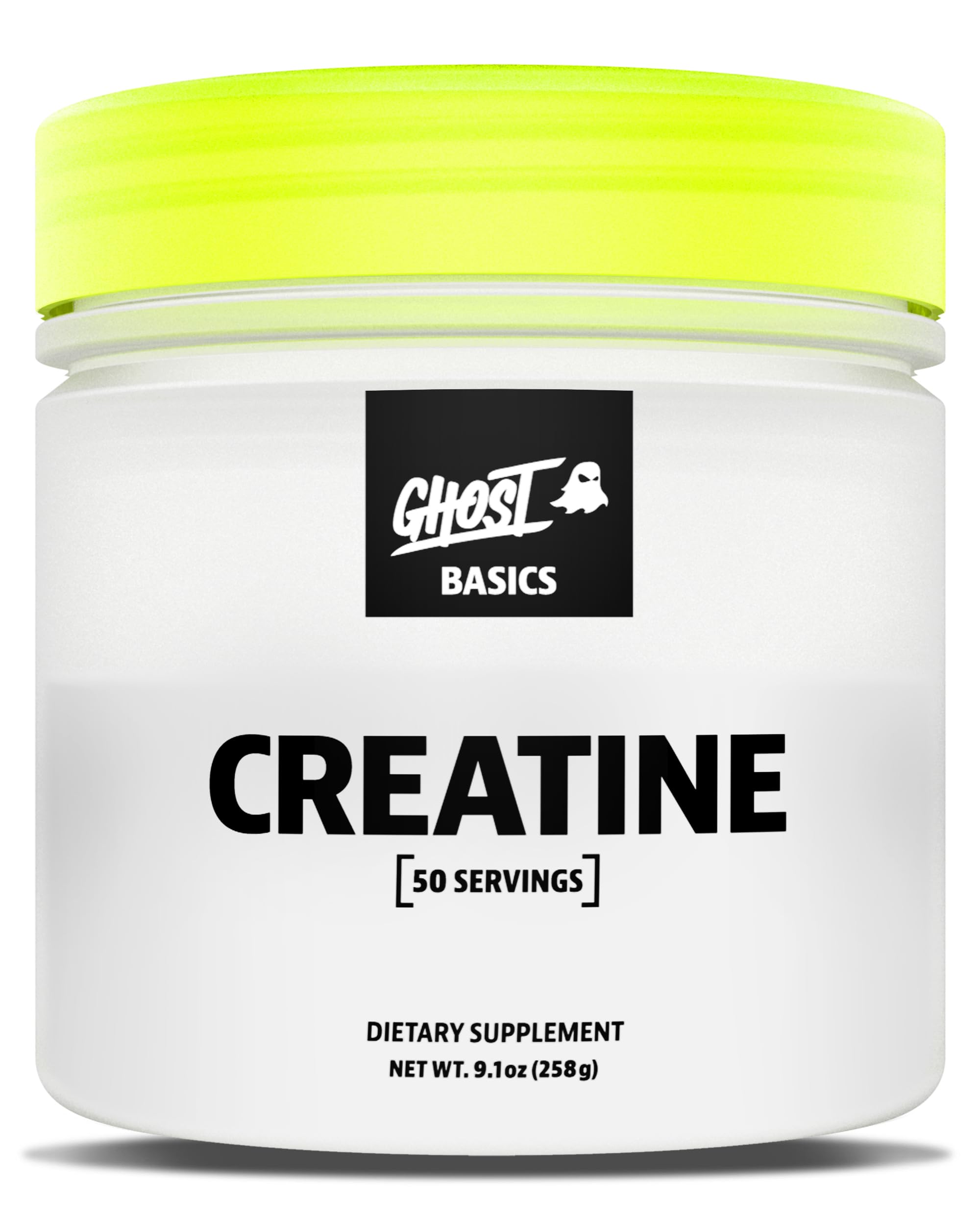 GHOST Basics Creatine tub front view showing 50 servings for daily workouts