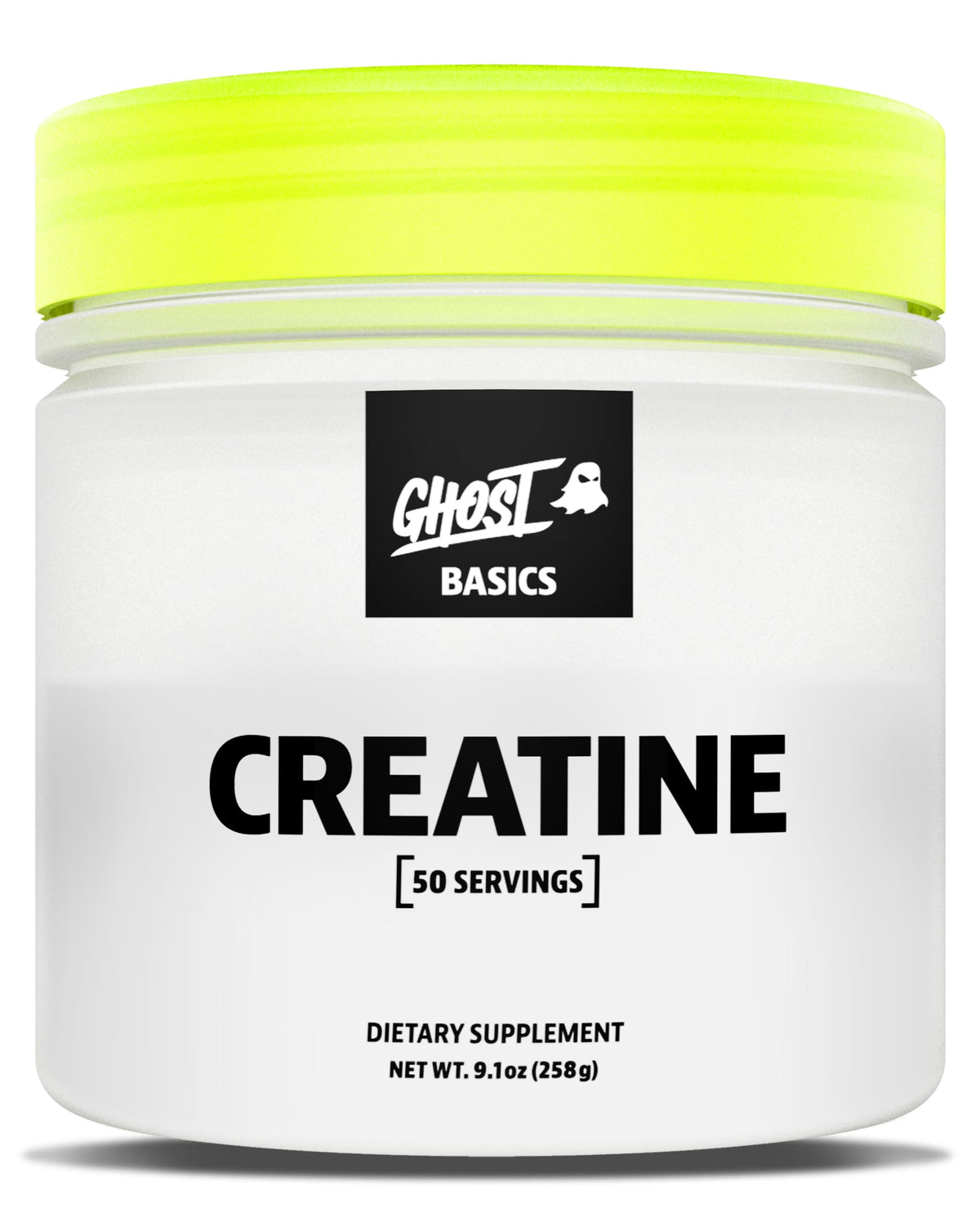 GHOST Basics Creatine tub front view showing 50 servings for daily workouts