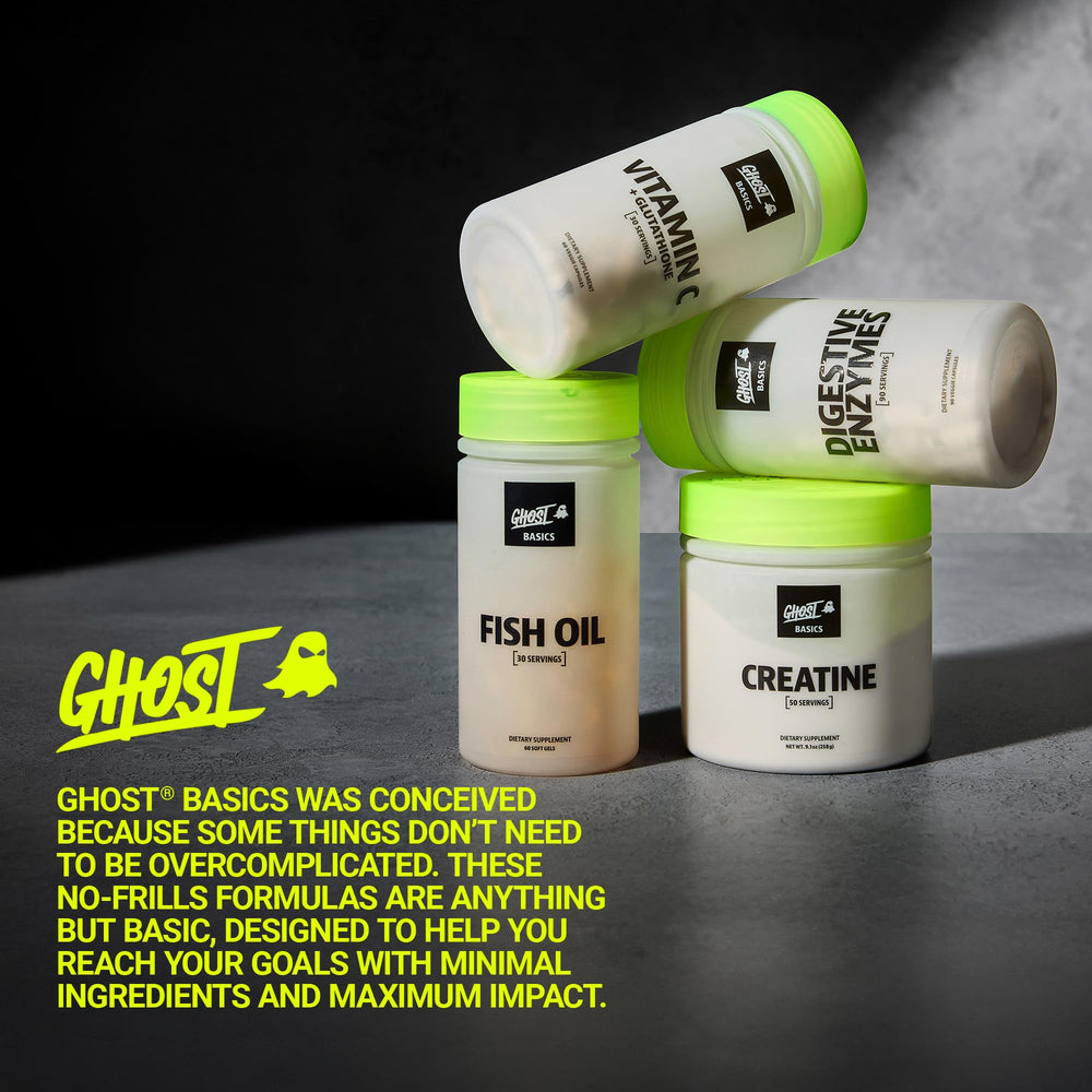 GHOST Basics Creatine tub on gym bench during a workout session