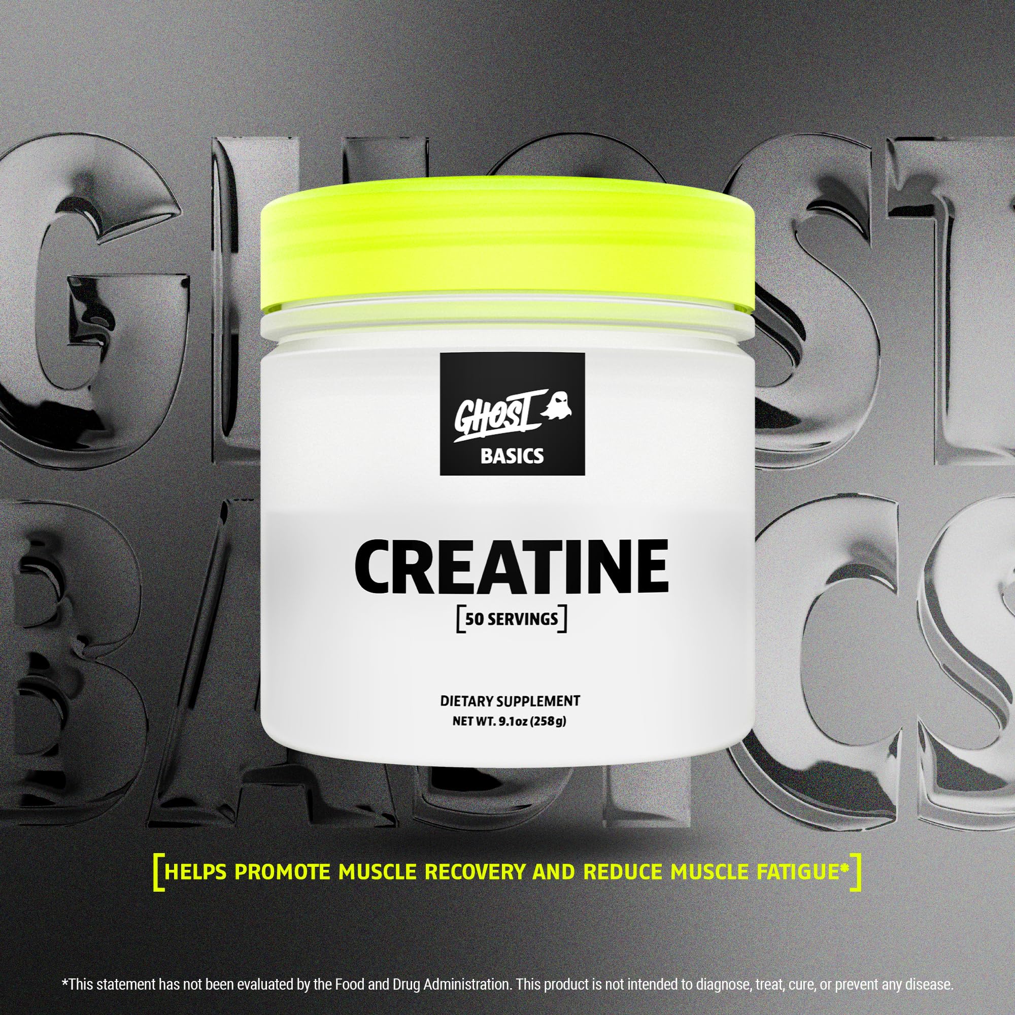 GHOST Basics Creatine tub with scoop illustrating simple daily dosing