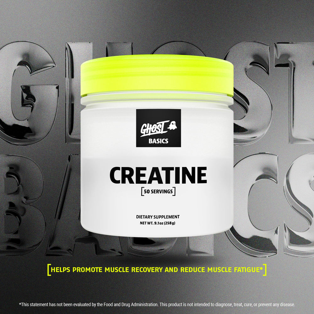 GHOST Basics Creatine tub with scoop illustrating simple daily dosing