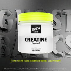 GHOST Basics Creatine tub with scoop illustrating simple daily dosing