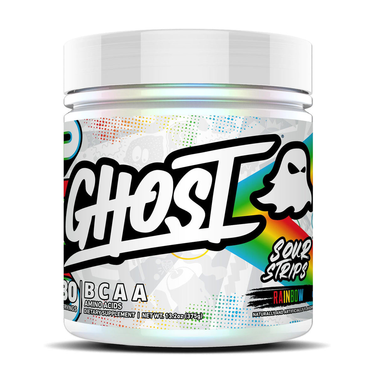 Ghost BCAA Sour Strips tub and glass, a refreshing intra-workout option.