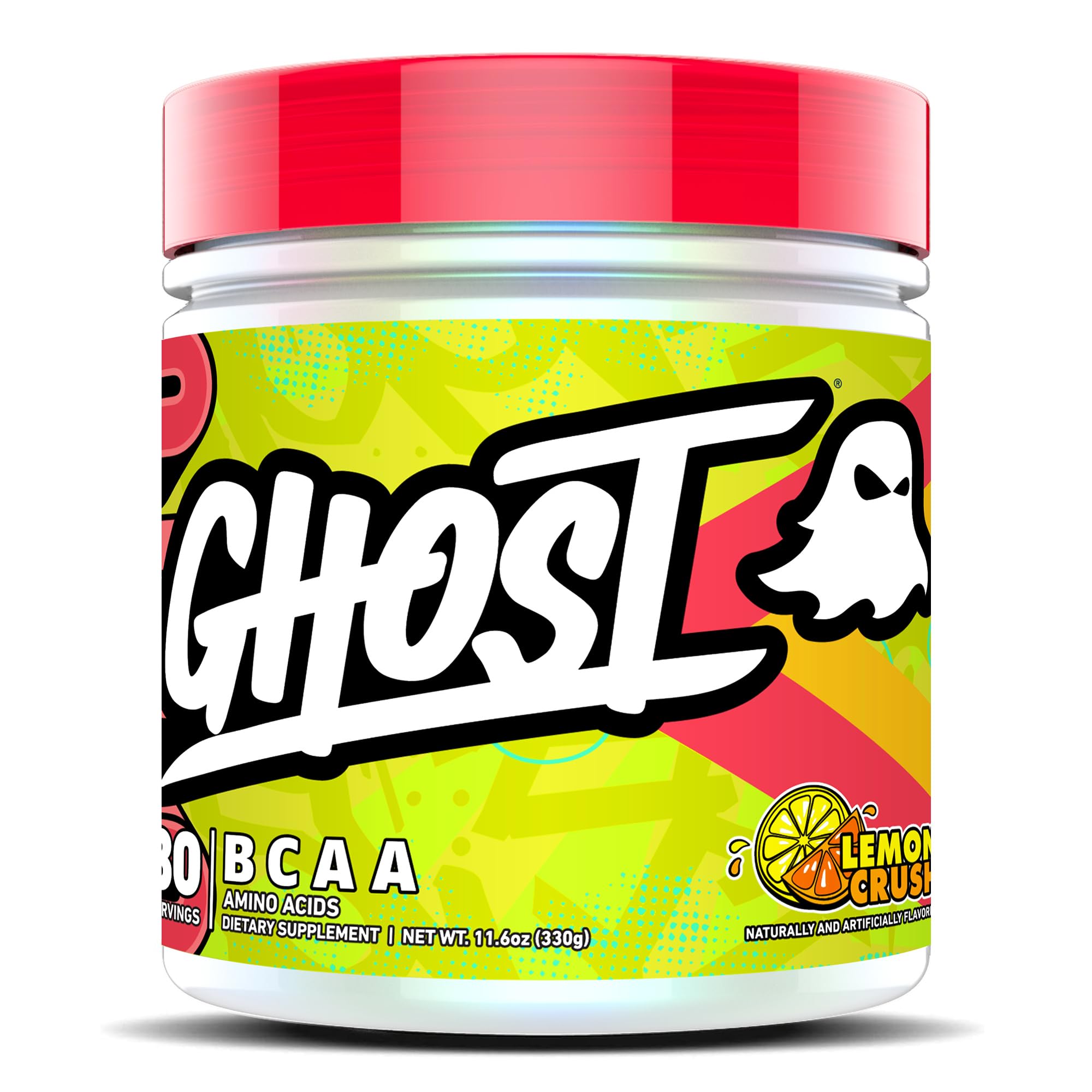 GHOST BCAA Lemon Crush bottle front showing sugar-free amino support for workouts.