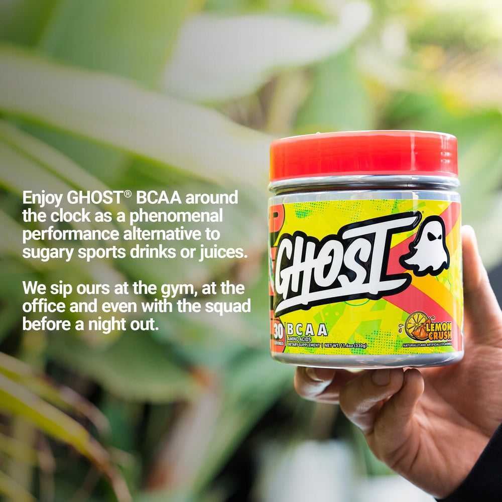 GHOST BCAA Lemon Crush label close-up shows transparent ingredients and no proprietary blends.