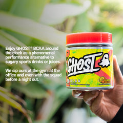 GHOST BCAA Lemon Crush label close-up shows transparent ingredients and no proprietary blends.
