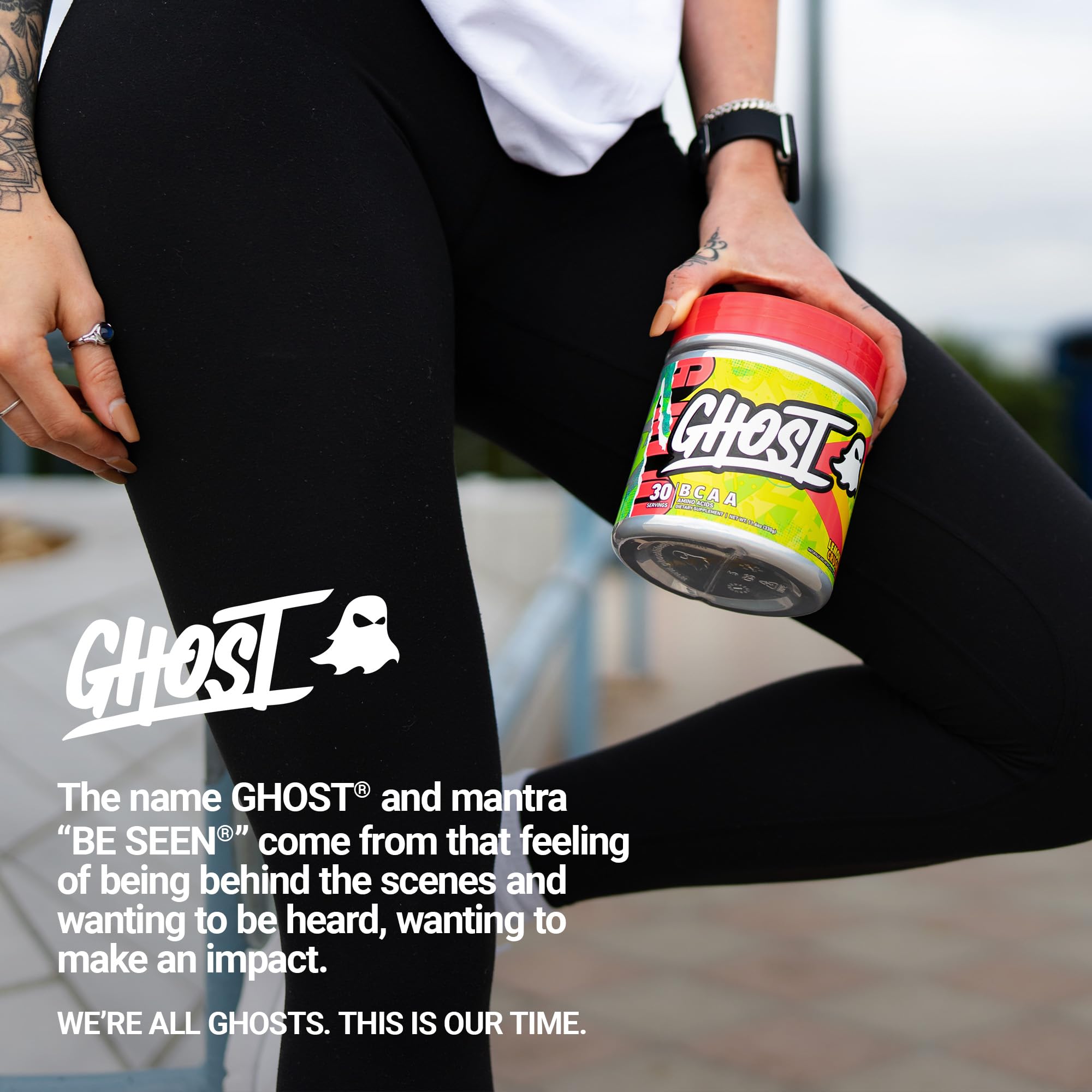 GHOST BCAA Lemon Crush lifestyle usage image showing gym bag-friendly scoop.