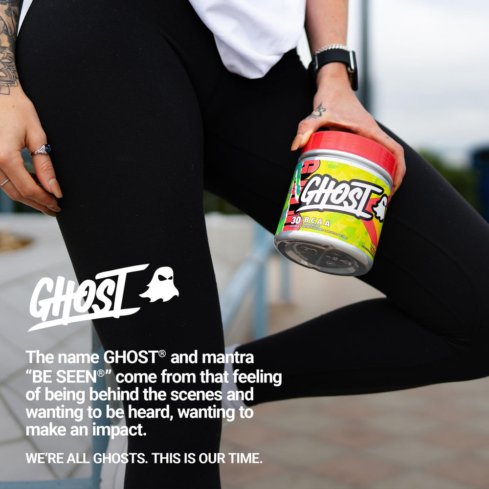 GHOST BCAA Lemon Crush lifestyle usage image showing gym bag-friendly scoop.