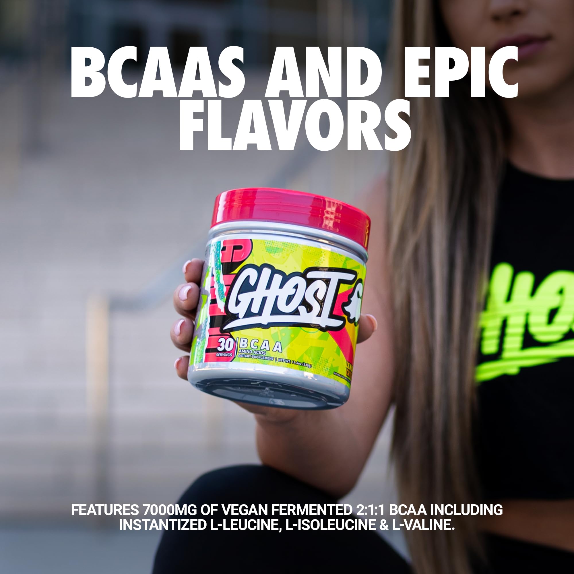 GHOST BCAA Lemon Crush scoop close-up highlighting 7G BCAAs per serving.