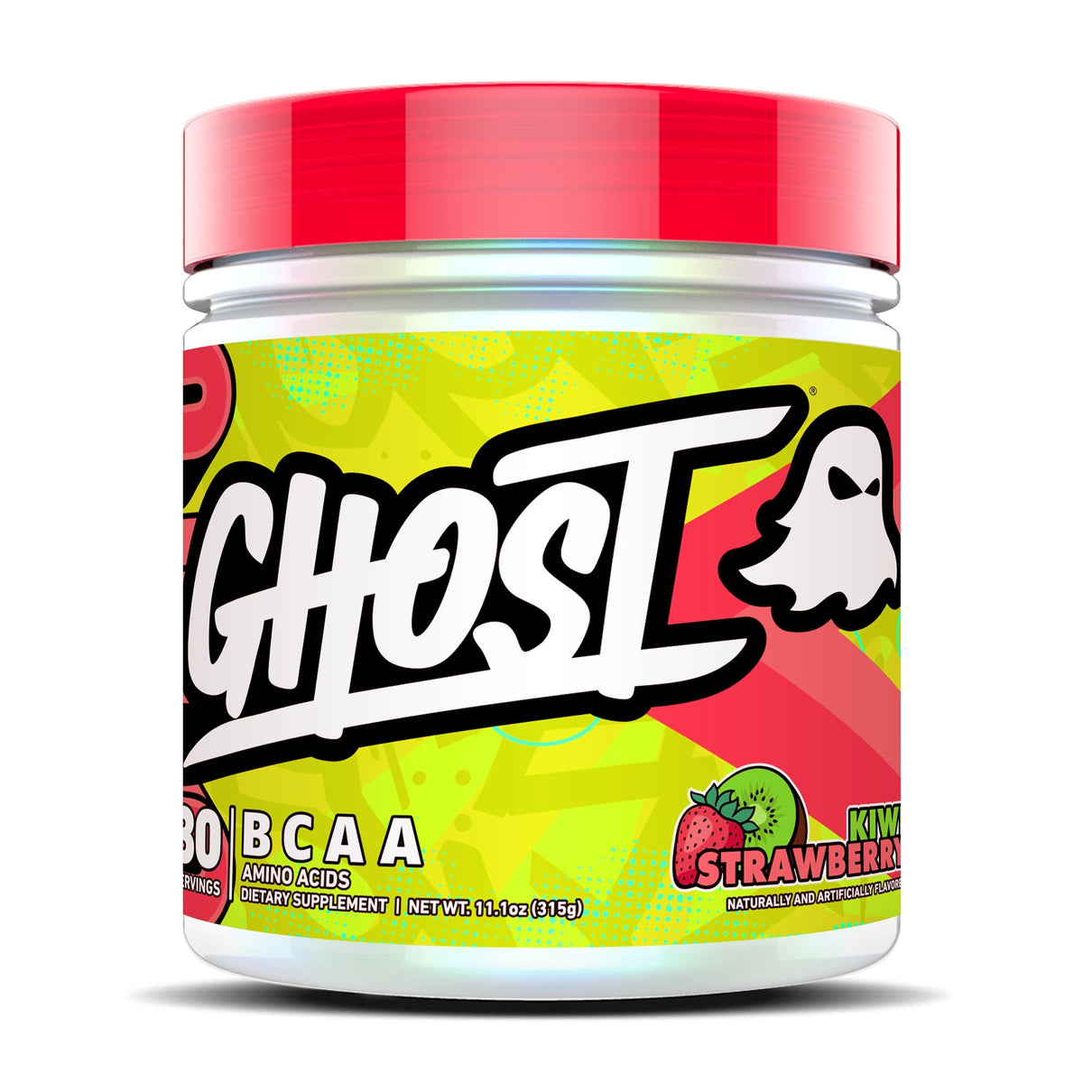 GHOST BCAA Kiwi Strawberry bottle showcases a sugar-free intra-workout option for taste and hydration.
