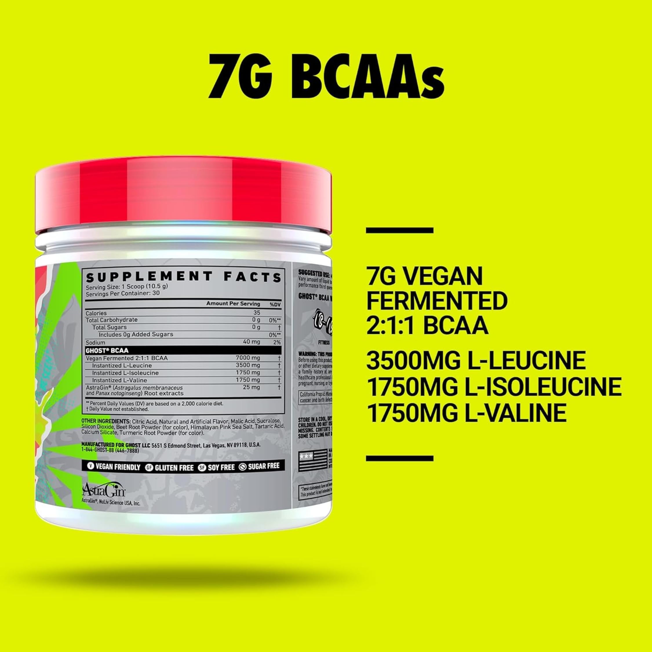 GHOST BCAA Kiwi Strawberry label close-up shows transparent dosing.