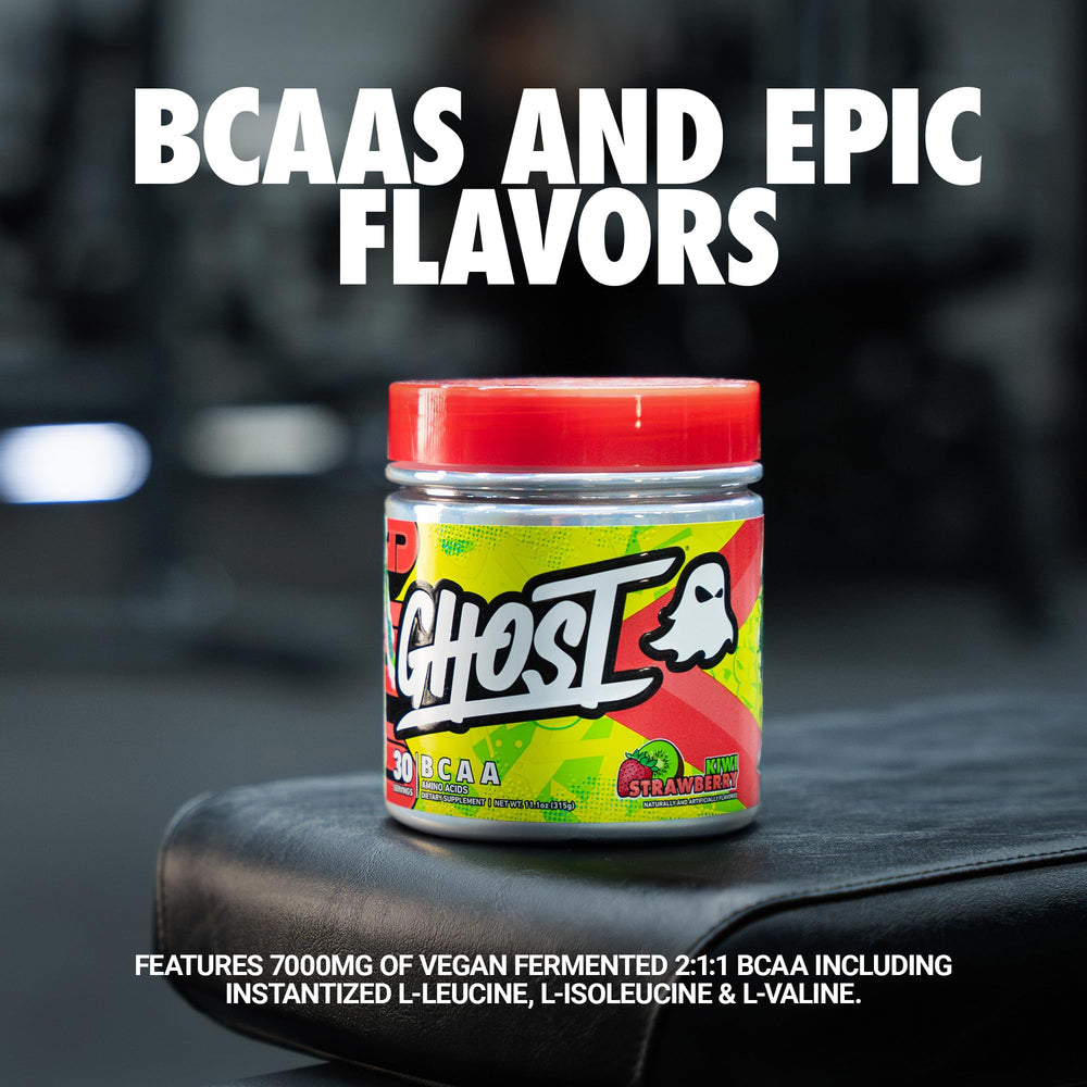 GHOST BCAA powder scoop highlights 7g BCAAs per serving for recovery support.
