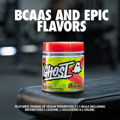 GHOST BCAA powder scoop highlights 7g BCAAs per serving for recovery support.
