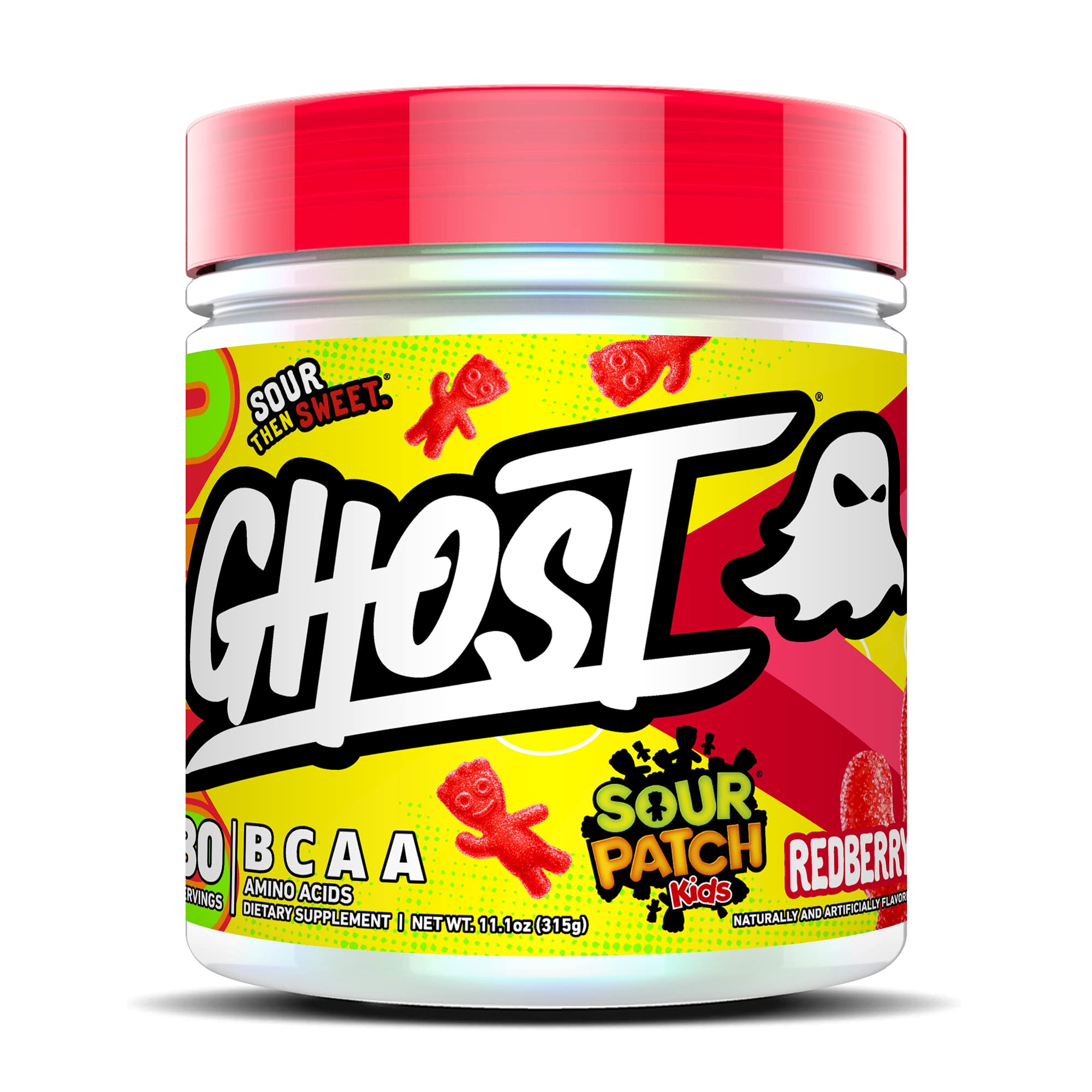 GHOST BCAA Sour Patch Kids Redberry bottle showcases 7G BCAAs for training recovery