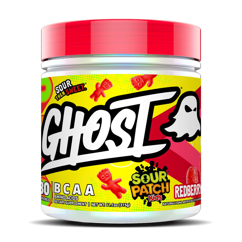 GHOST BCAA Sour Patch Kids Redberry bottle showcases 7G BCAAs for training recovery