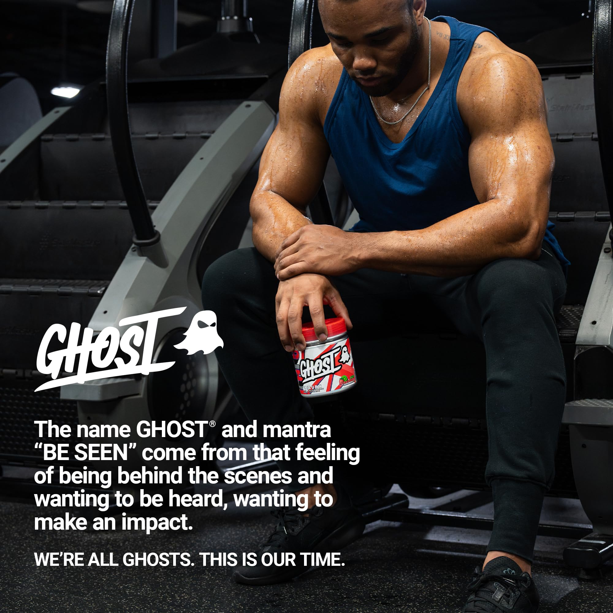 GHOST Burn Kiwi Strawberry packaging on display highlighting vegan sugar-free formula