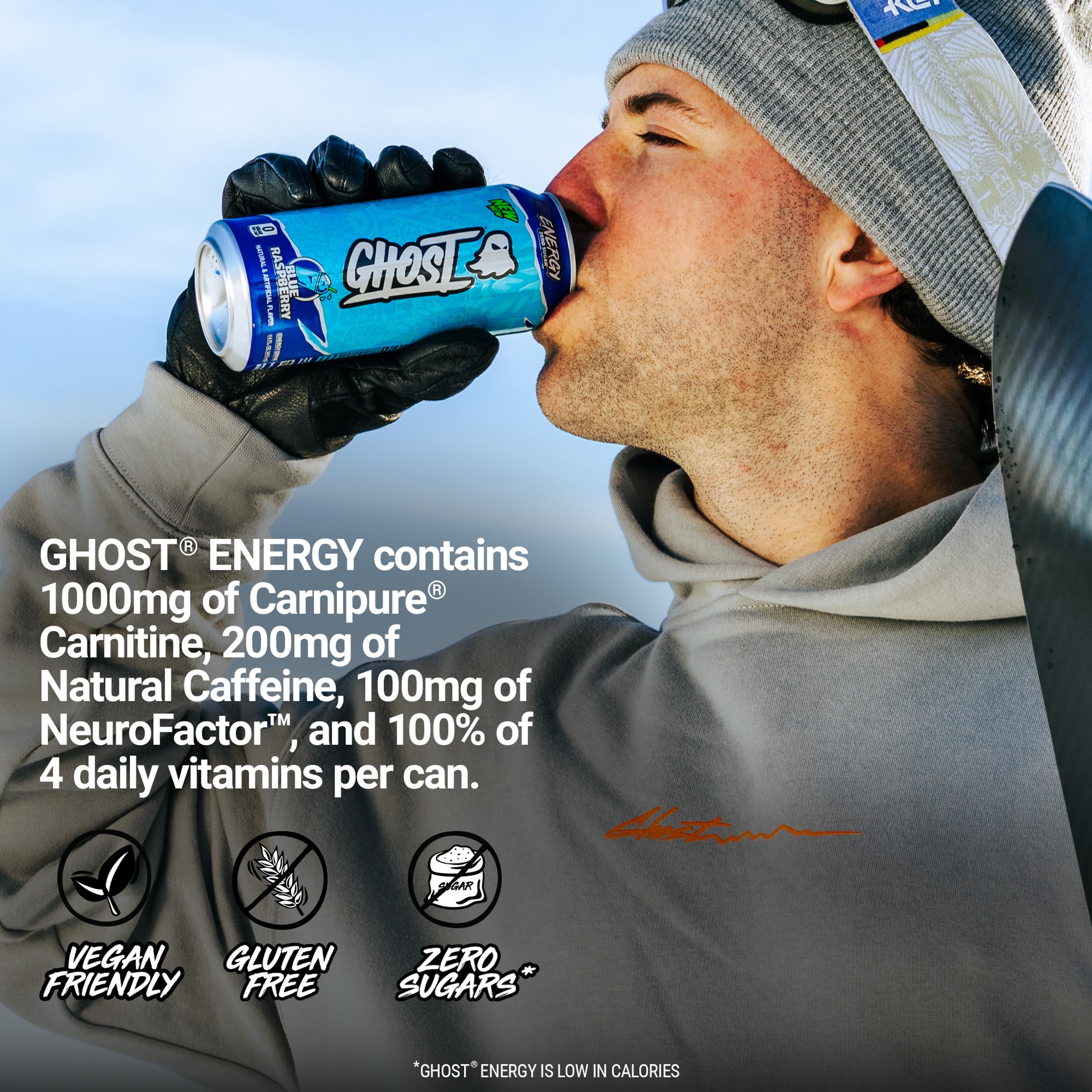 GHOST Energy Blue Raspberry can being poured into a glass for refreshment.