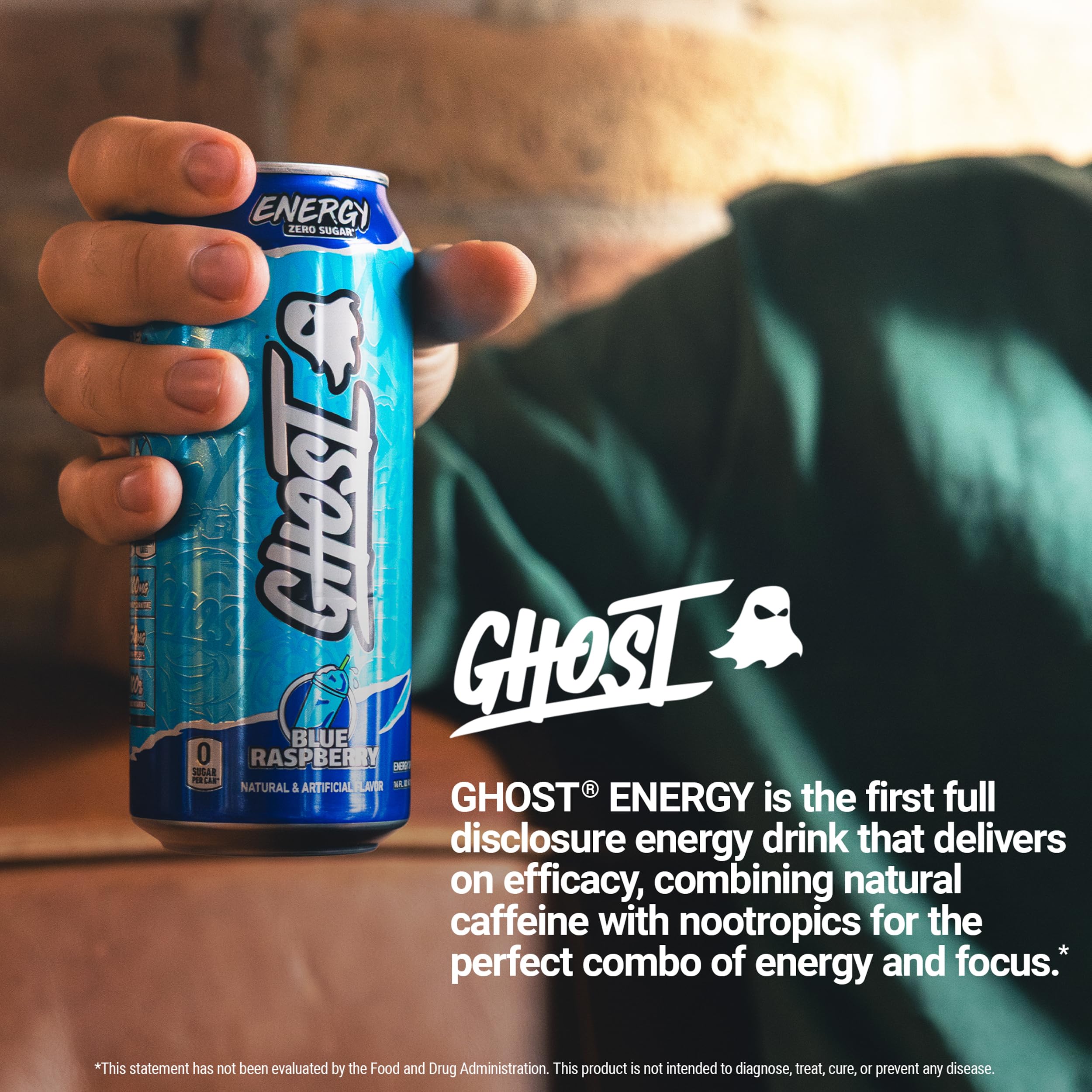 GHOST Energy pack shot shows twelve cans ready for use.