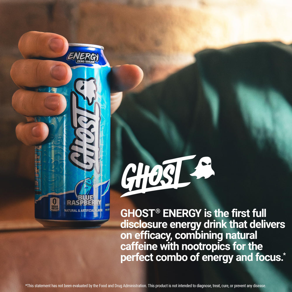 GHOST Energy pack shot shows twelve cans ready for use.