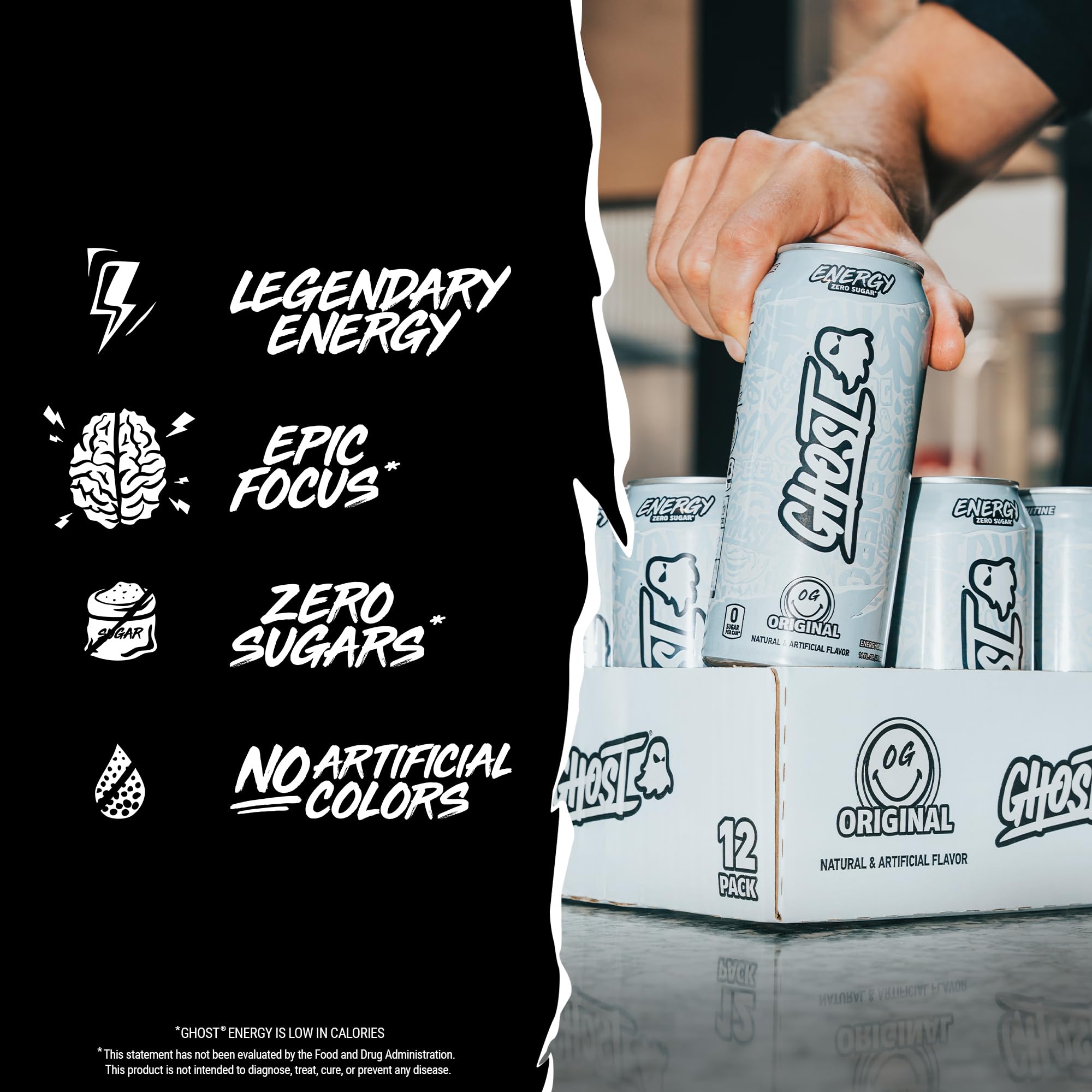 Ghost Energy can with caffeine badge illustrating 200mg natural caffeine