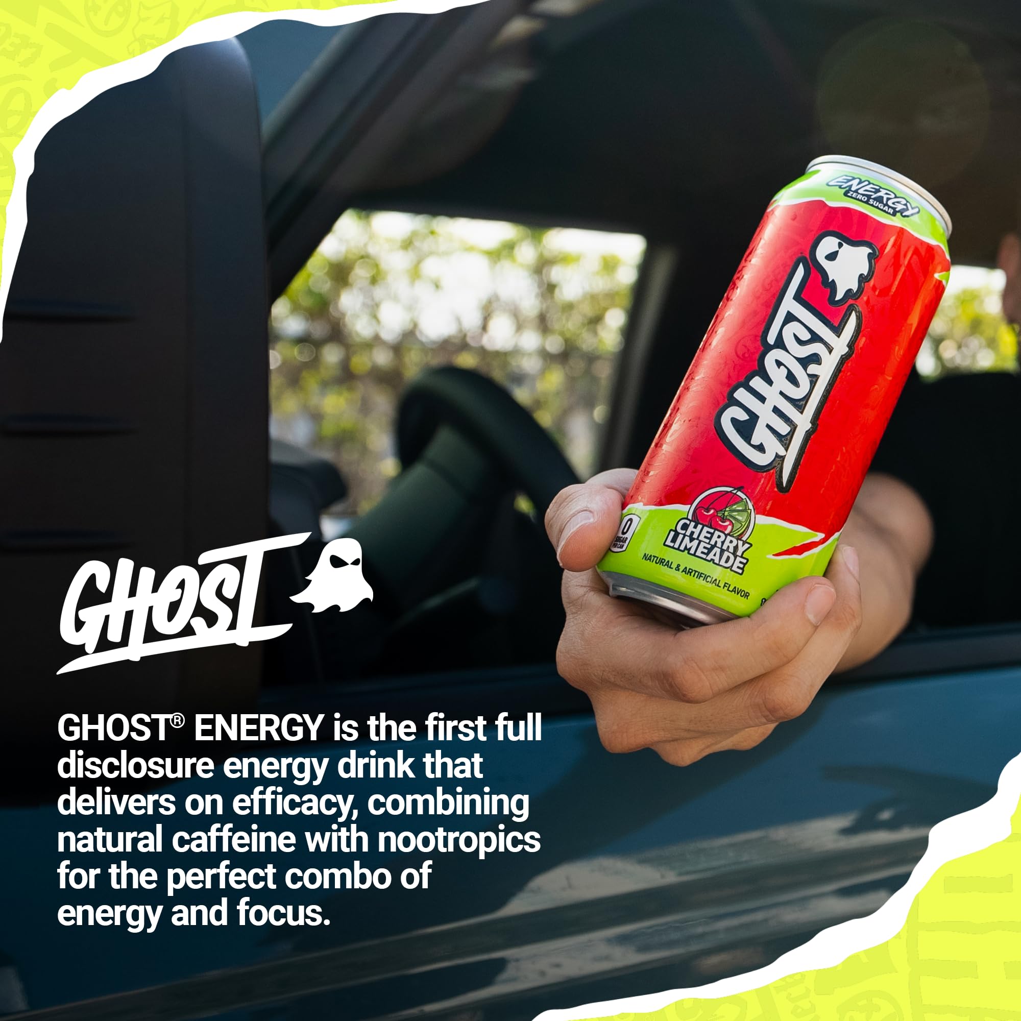 GHOST Energy Cherry Limeade chilled can ready for pre-workout use