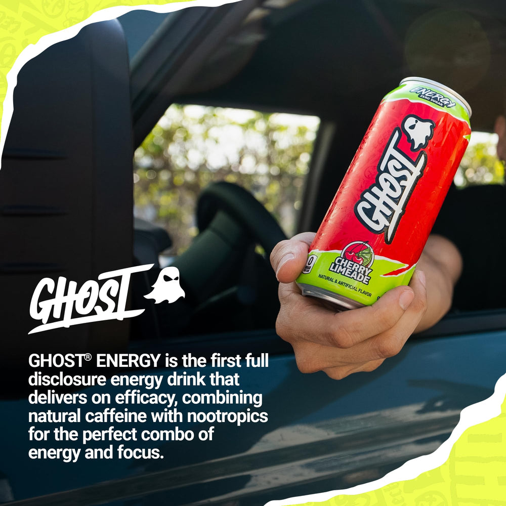 GHOST Energy Cherry Limeade chilled can ready for pre-workout use