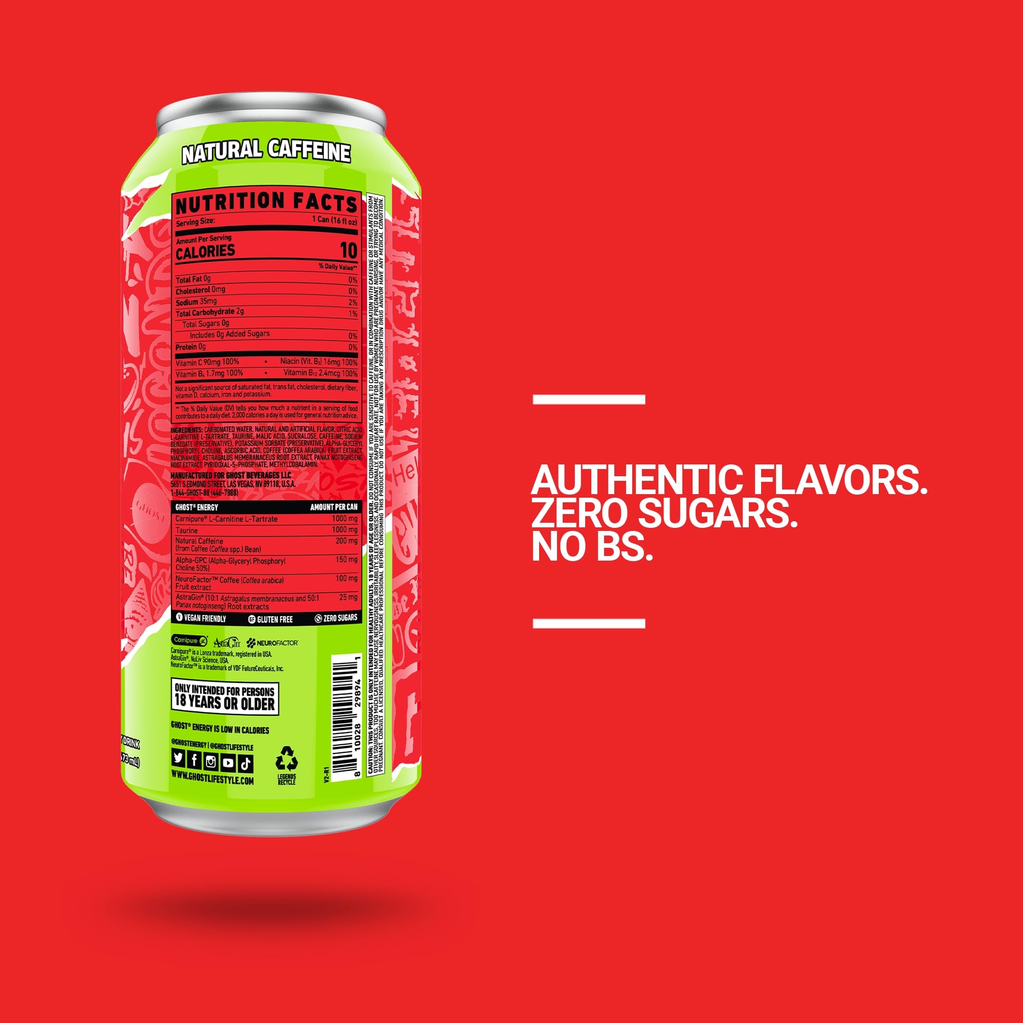 GHOST Energy Cherry Limeade label closeup with transparent ingredients