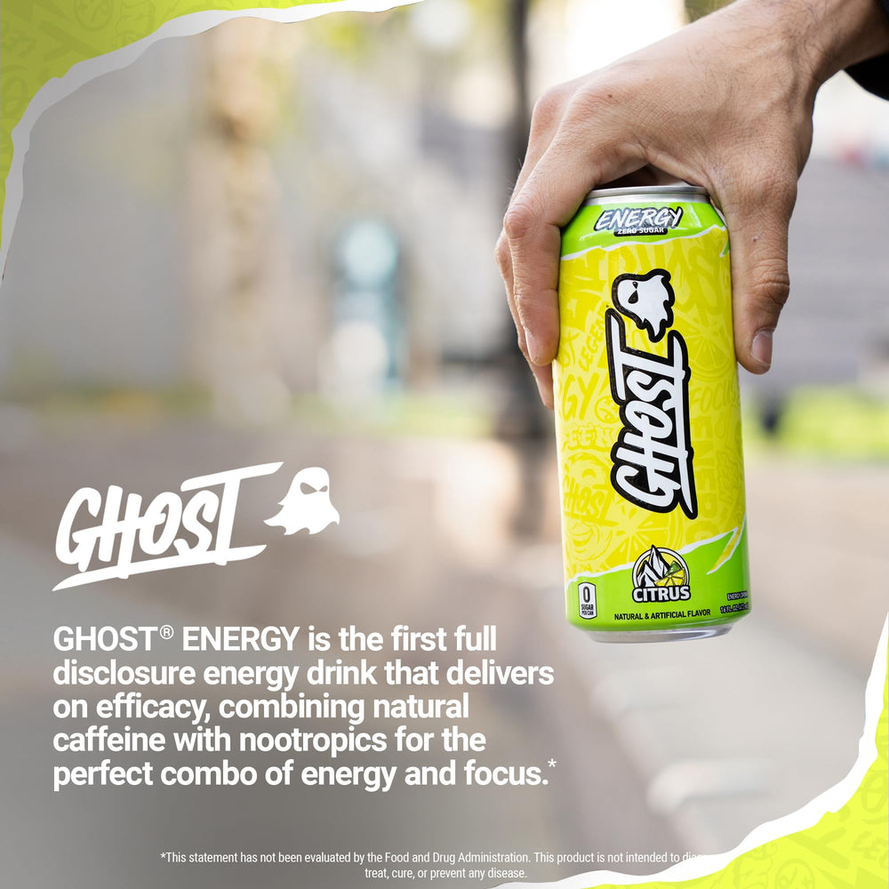 GHOST Energy Citrus can on desk ready for focus.