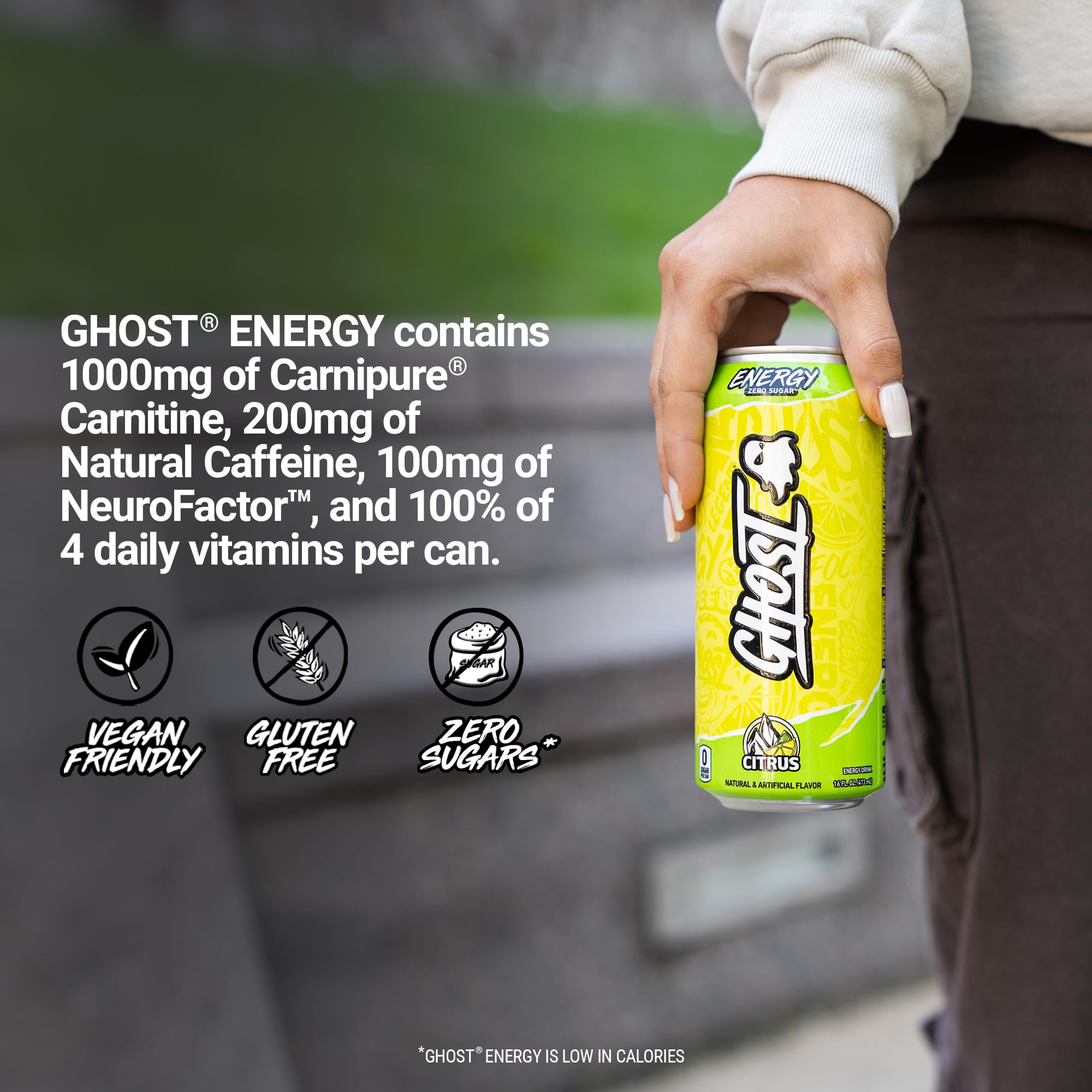 GHOST Energy Citrus being poured into a glass for a crisp boost.