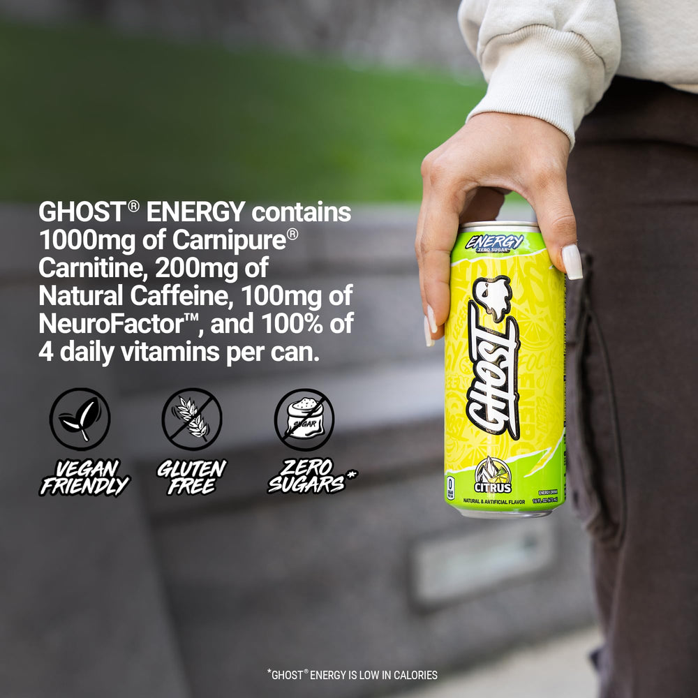 GHOST Energy Citrus being poured into a glass for a crisp boost.