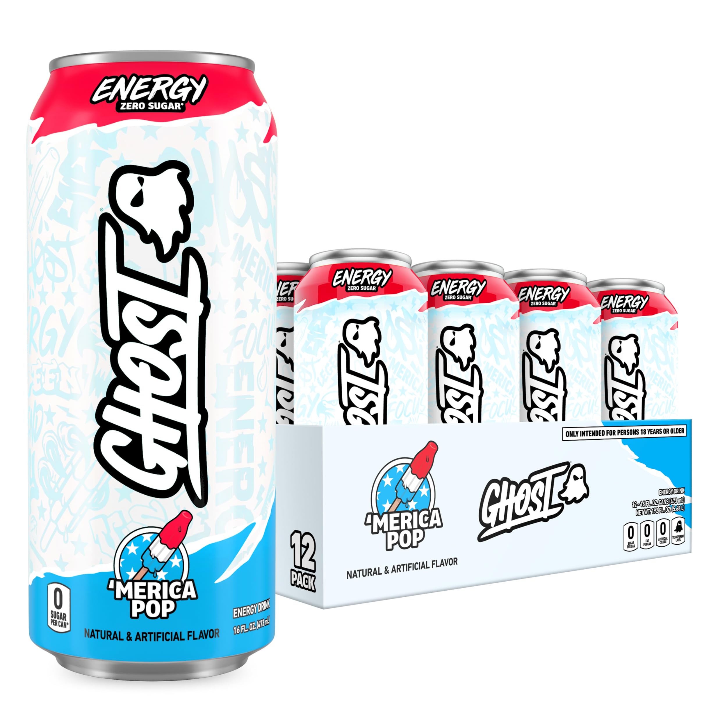 GHOST Merica Pop energy can front view highlighting bold focus boost
