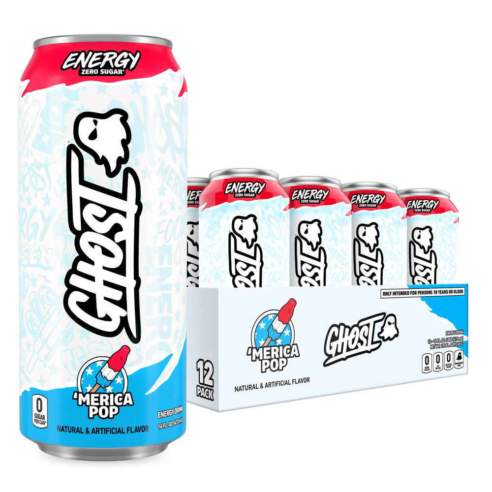 GHOST Merica Pop energy can front view highlighting bold focus boost