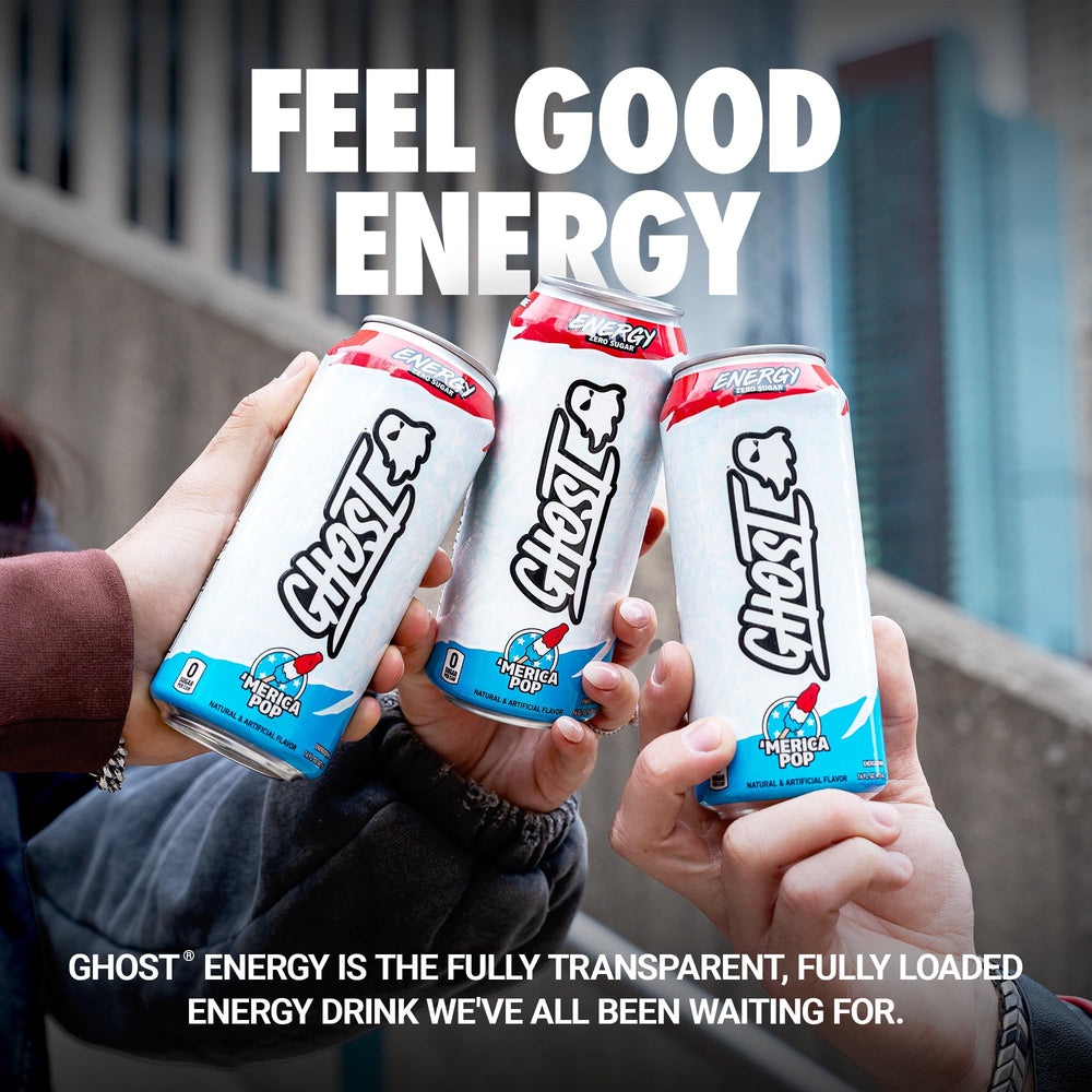GHOST Merica Pop can side view showing zero sugar and clean ingredients