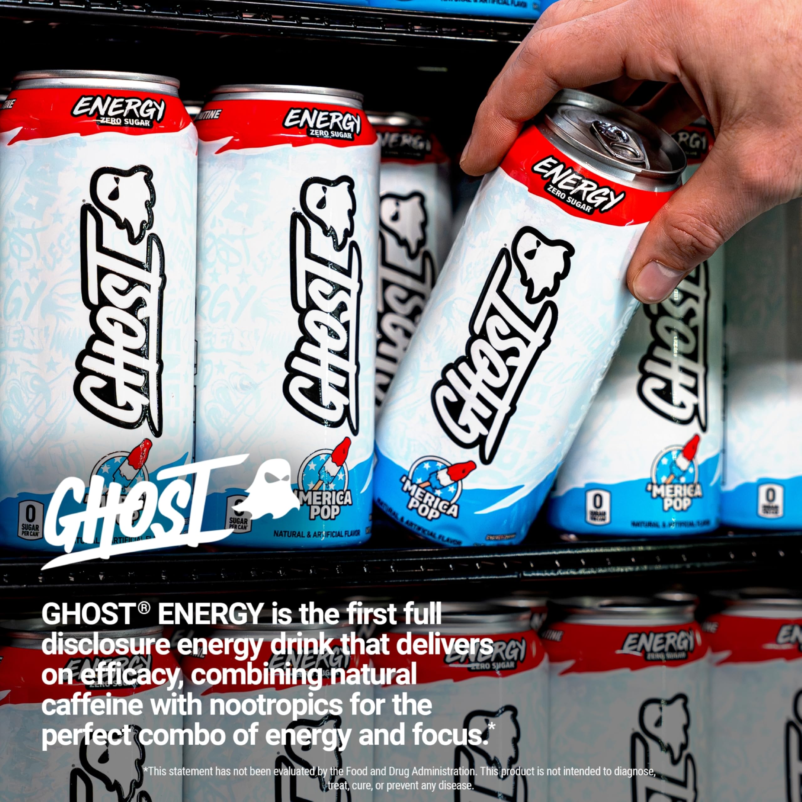 GHOST Merica Pop cans on a display for game-day energy