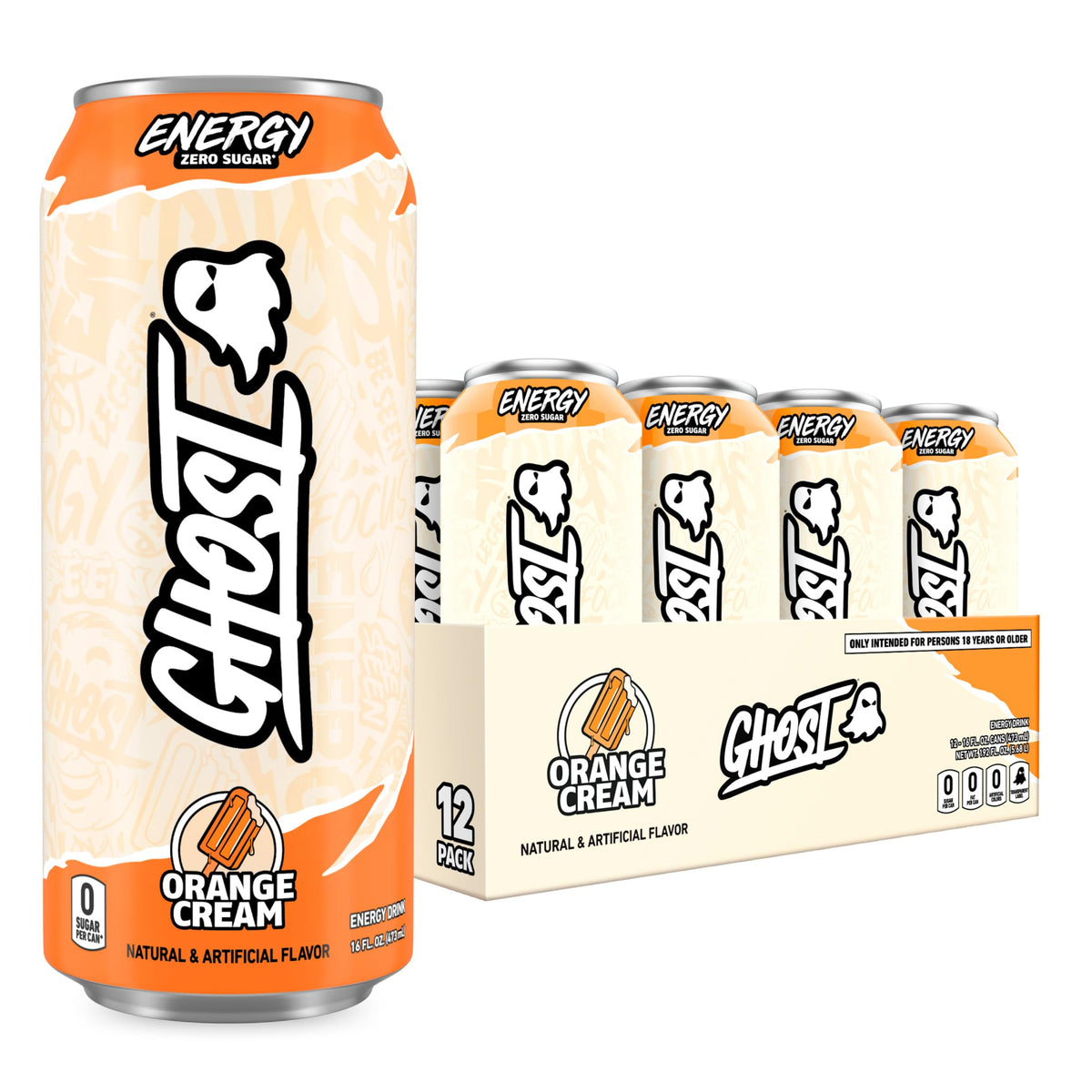 GHOST Energy Orange Cream 12-pack front view for on-the-go energy