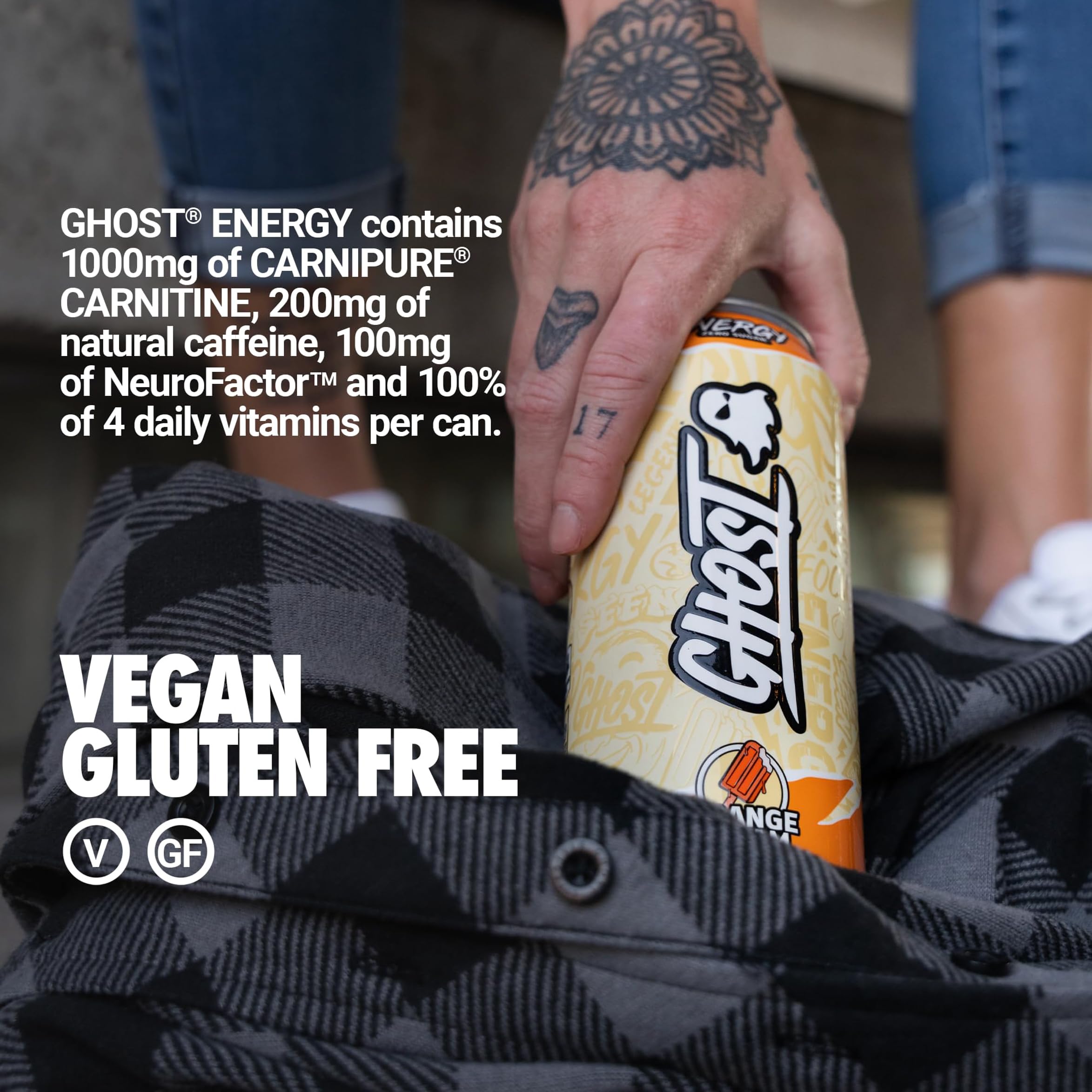 GHOST Energy Orange Cream 12-pack with vegan and gluten-free icons