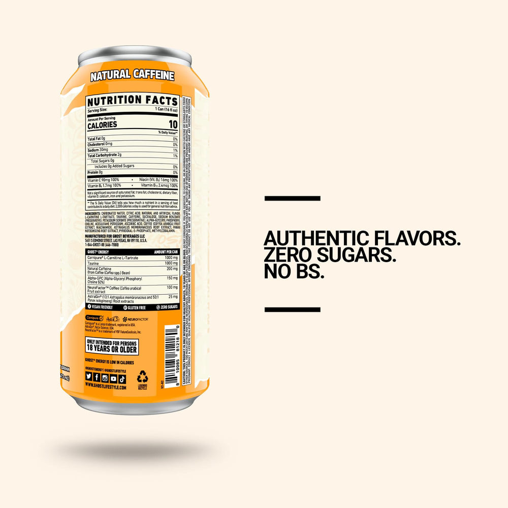 GHOST Energy Orange Cream label close-up showing transparent ingredients