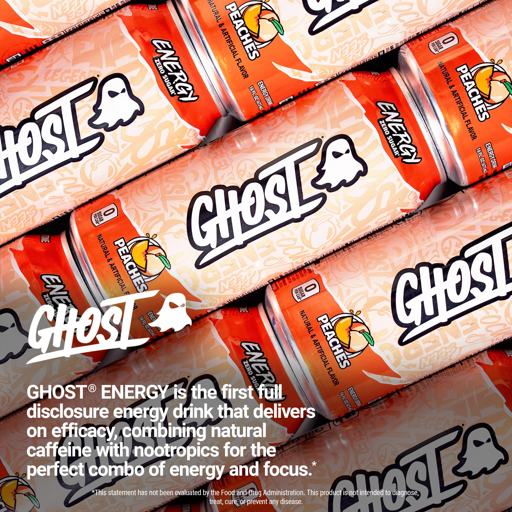 GHOST Energy Peaches brand logo highlights trust and transparency.