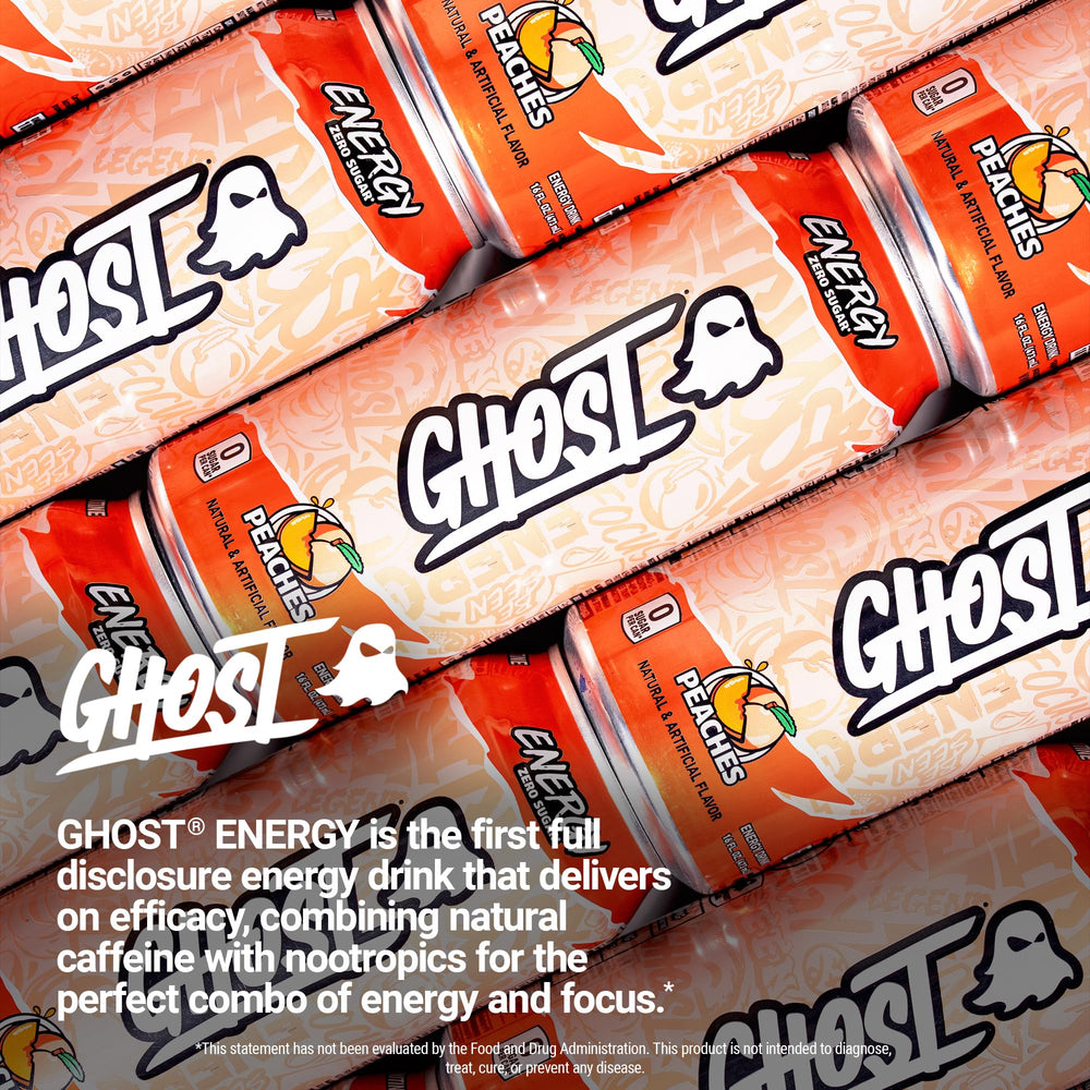 GHOST Energy Peaches brand logo highlights trust and transparency.