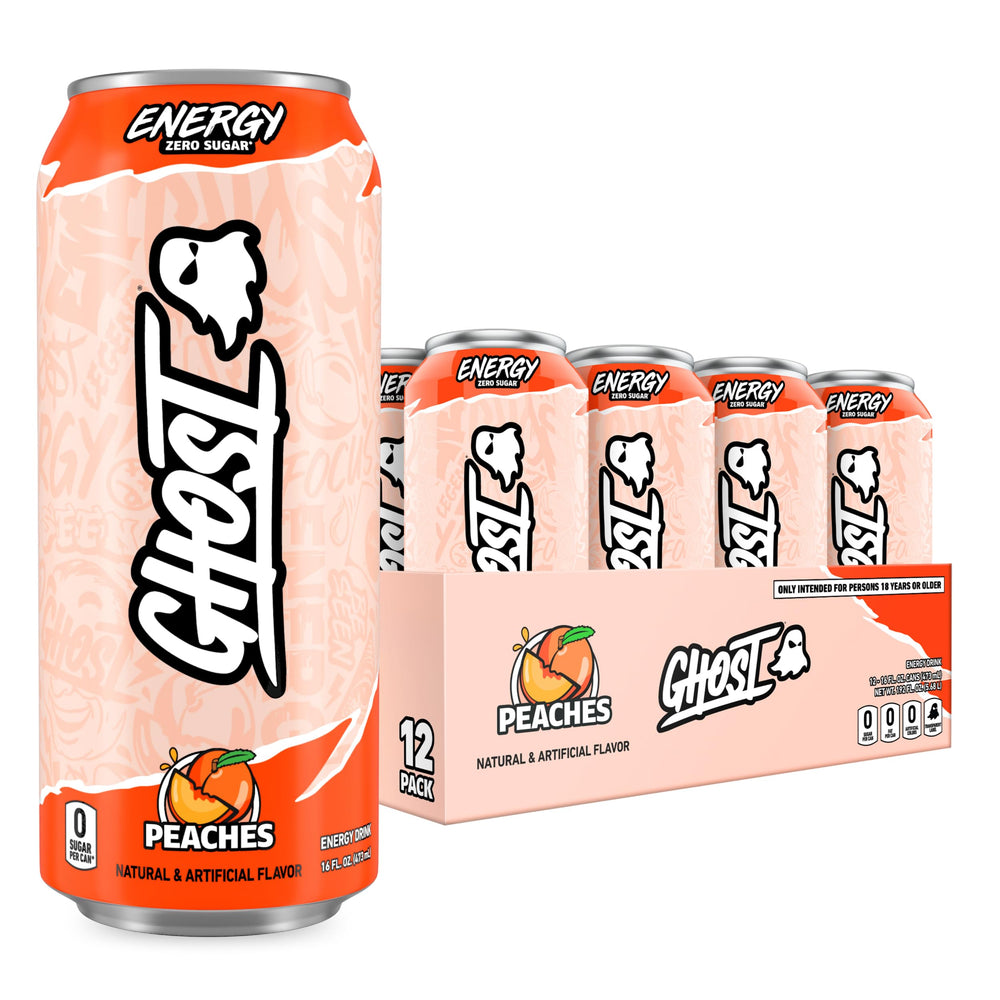 GHOST Energy Peaches can front view, highlighting bold flavor and energy boost.