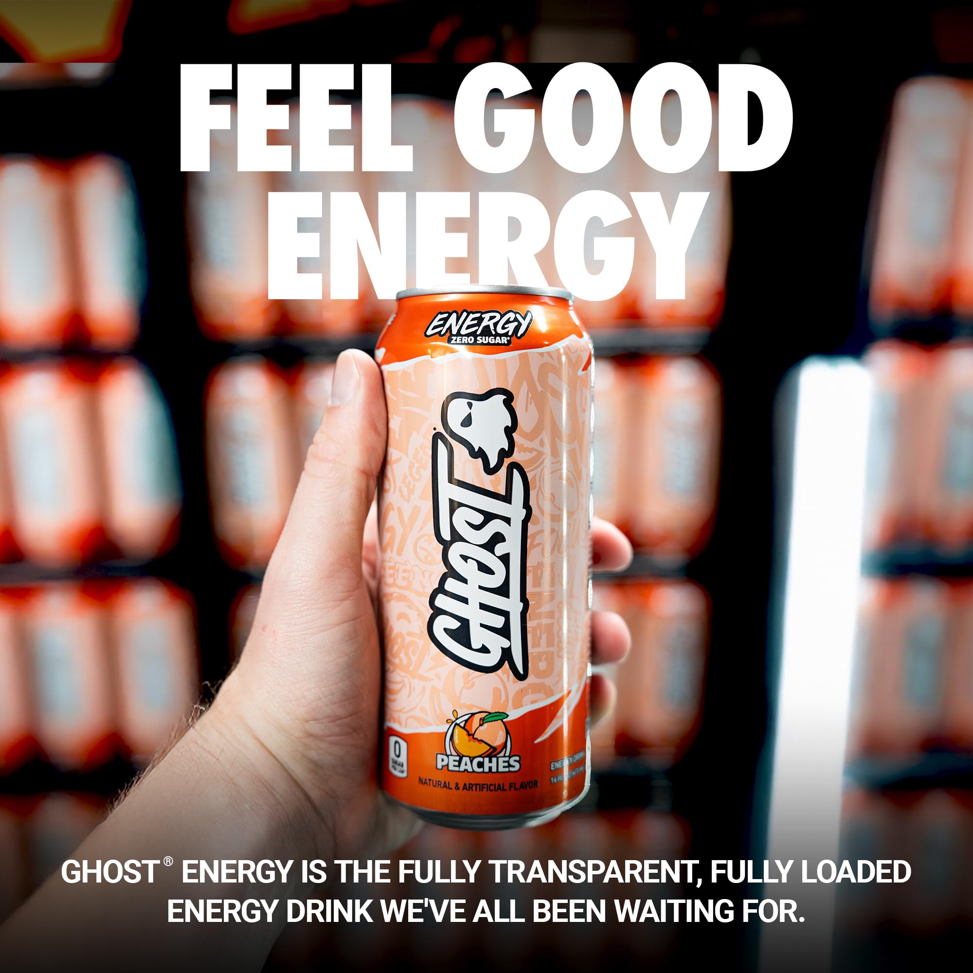 GHOST Energy Peaches can side view emphasizes sleek packaging.