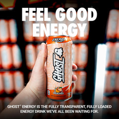 GHOST Energy Peaches can side view emphasizes sleek packaging.