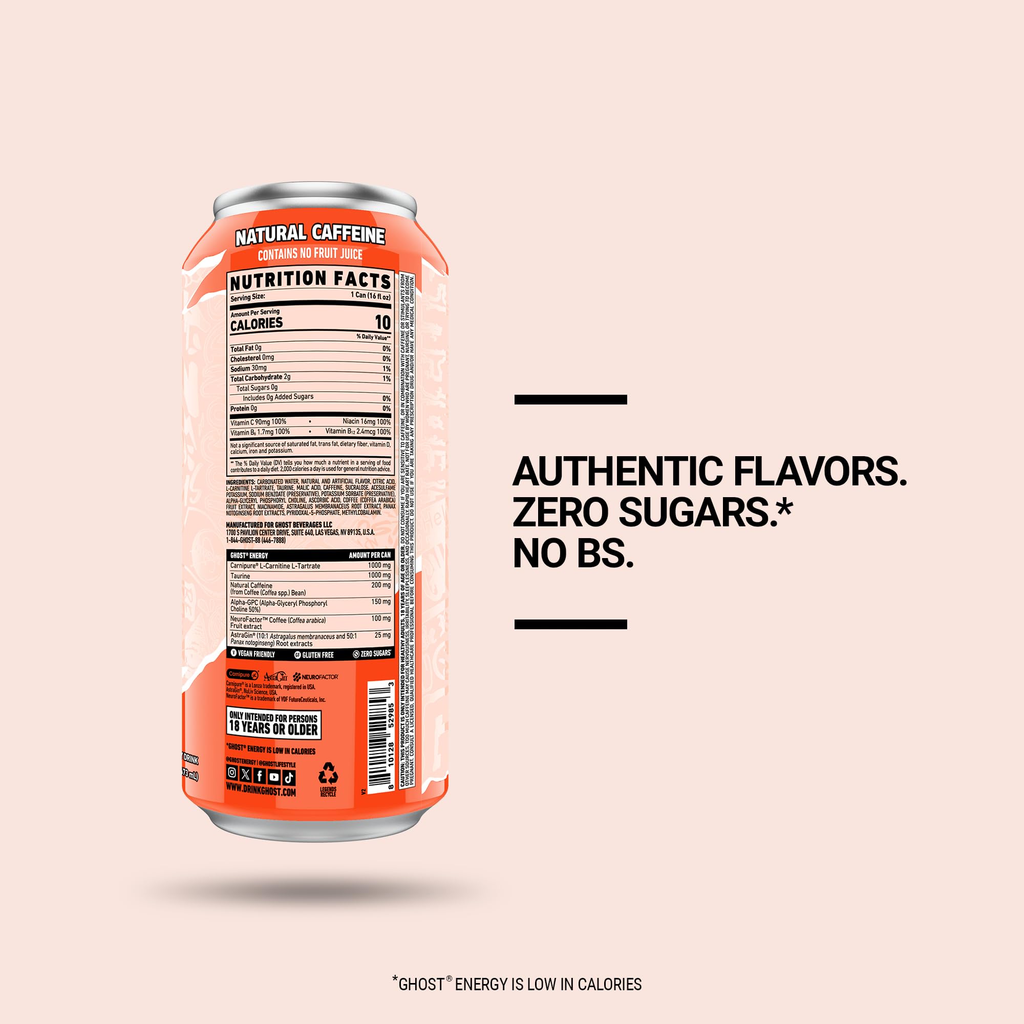 GHOST Energy Peaches label closeup shows transparent ingredients.