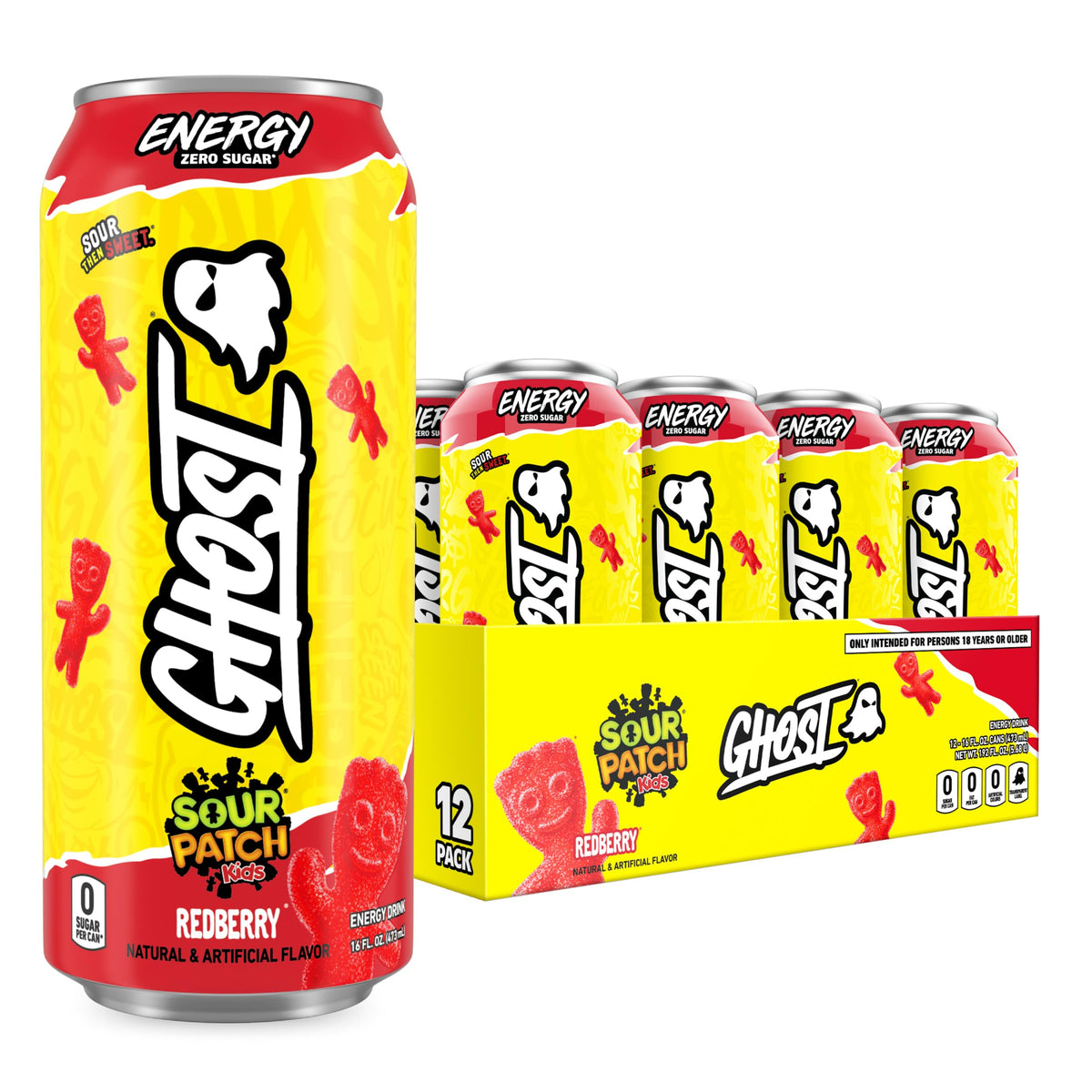 Ghost Energy Sour Patch Kids Redberry can, 16oz, showing bold flavor and energy benefits