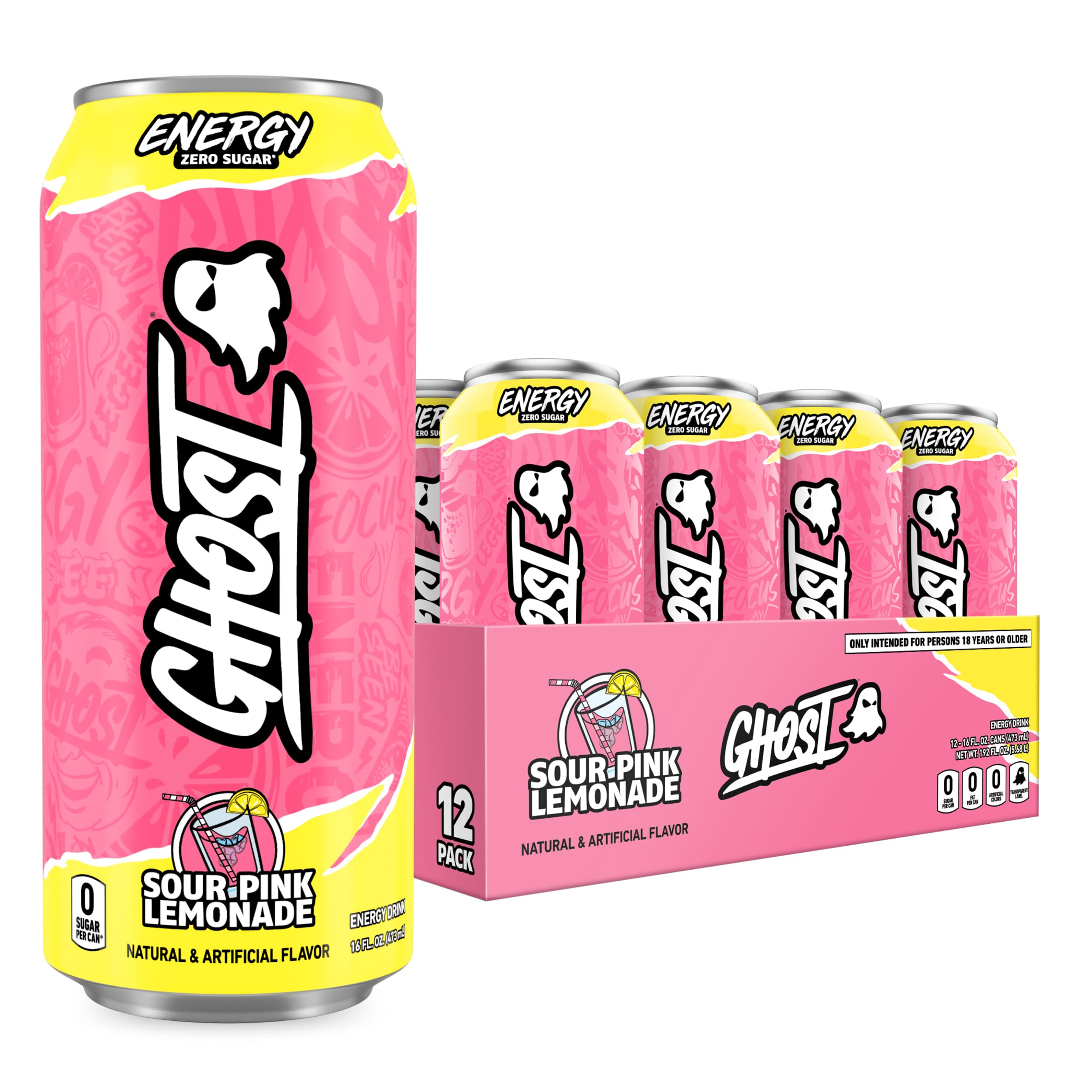 GHOST Energy Sour Pink Lemonade 16oz can pour for quick focus during workouts.