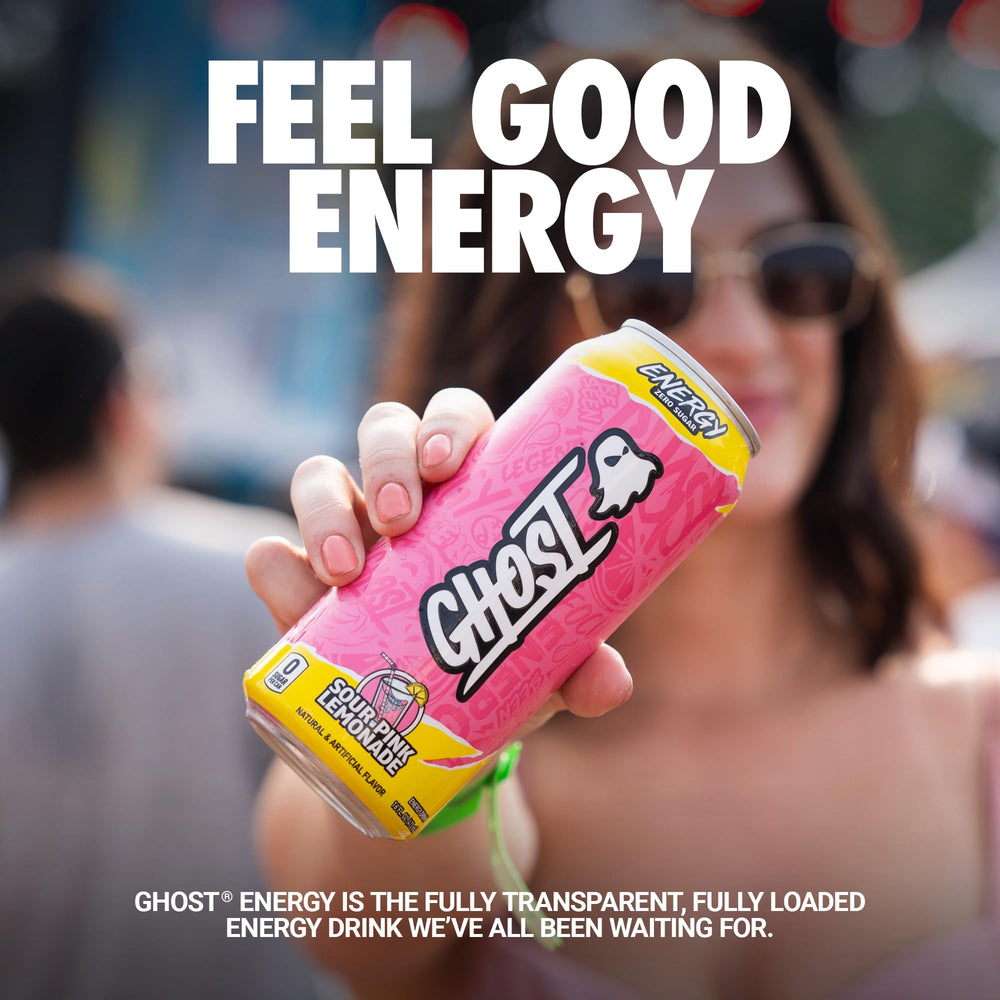 GHOST Energy Sour Pink Lemonade can-label closeup highlights transparent ingredients and caffeine content.
