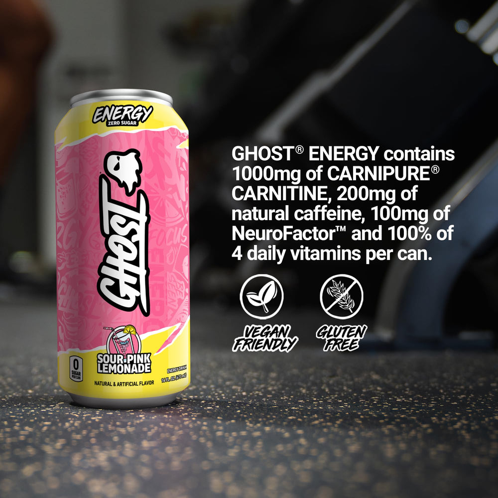 GHOST Energy Sour Pink Lemonade gym scene captures energy boost and focus.