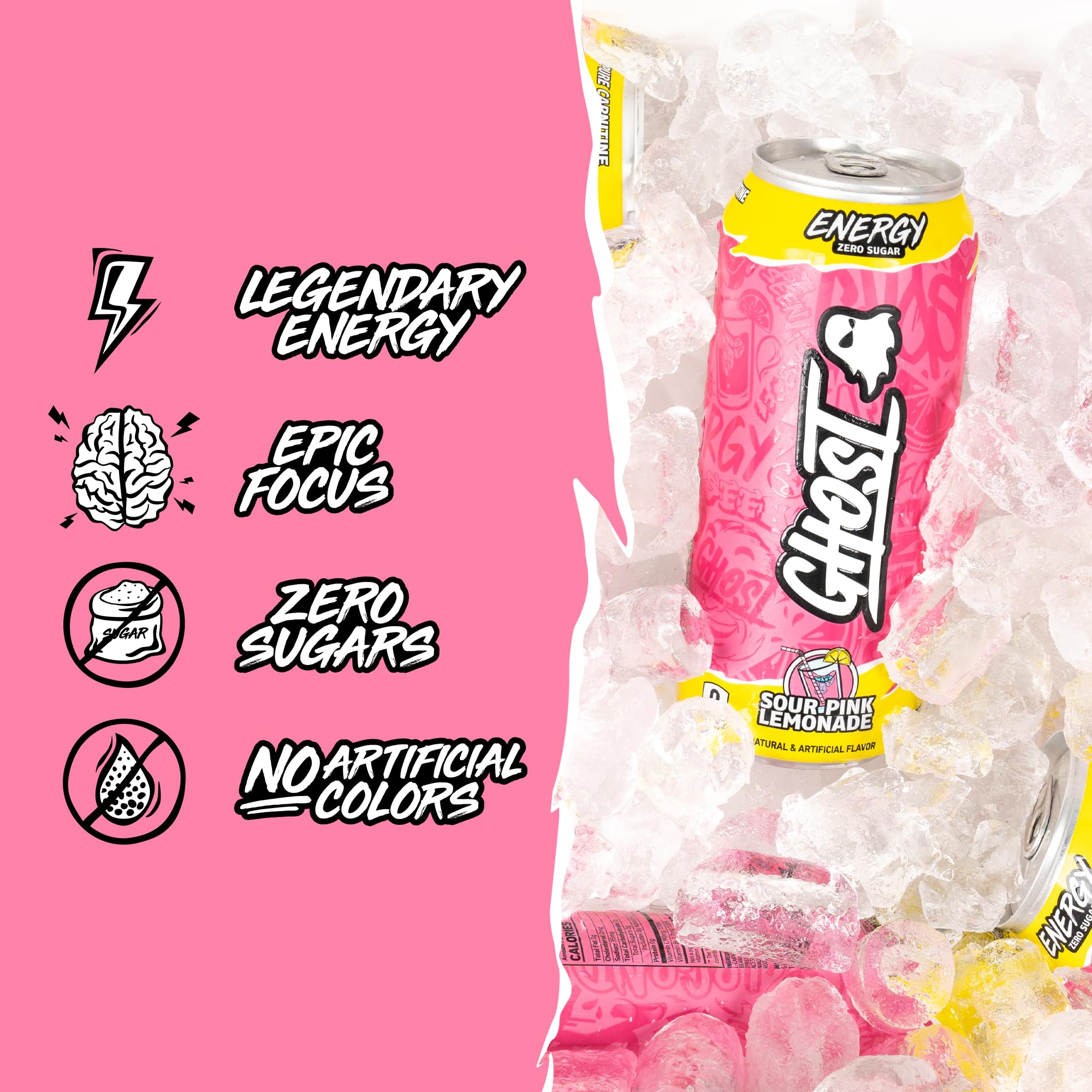 GHOST Energy Sour Pink Lemonade tasting glass shot conveys refreshing, low-sugar energy.