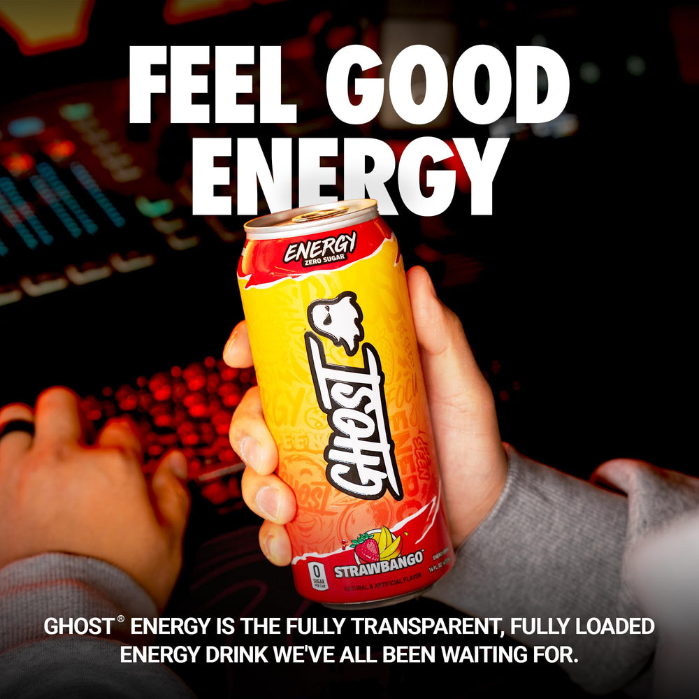 GHOST Energy Strawbango 12-pack on a store shelf